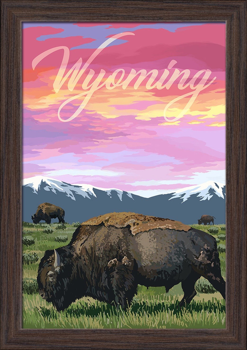 Wyoming Bison Sunset - 12x18 Giclee Fine Art Print with Recycled Wood Frame in Espresso Brown - Perfect for Living Room, Office or Western Decor