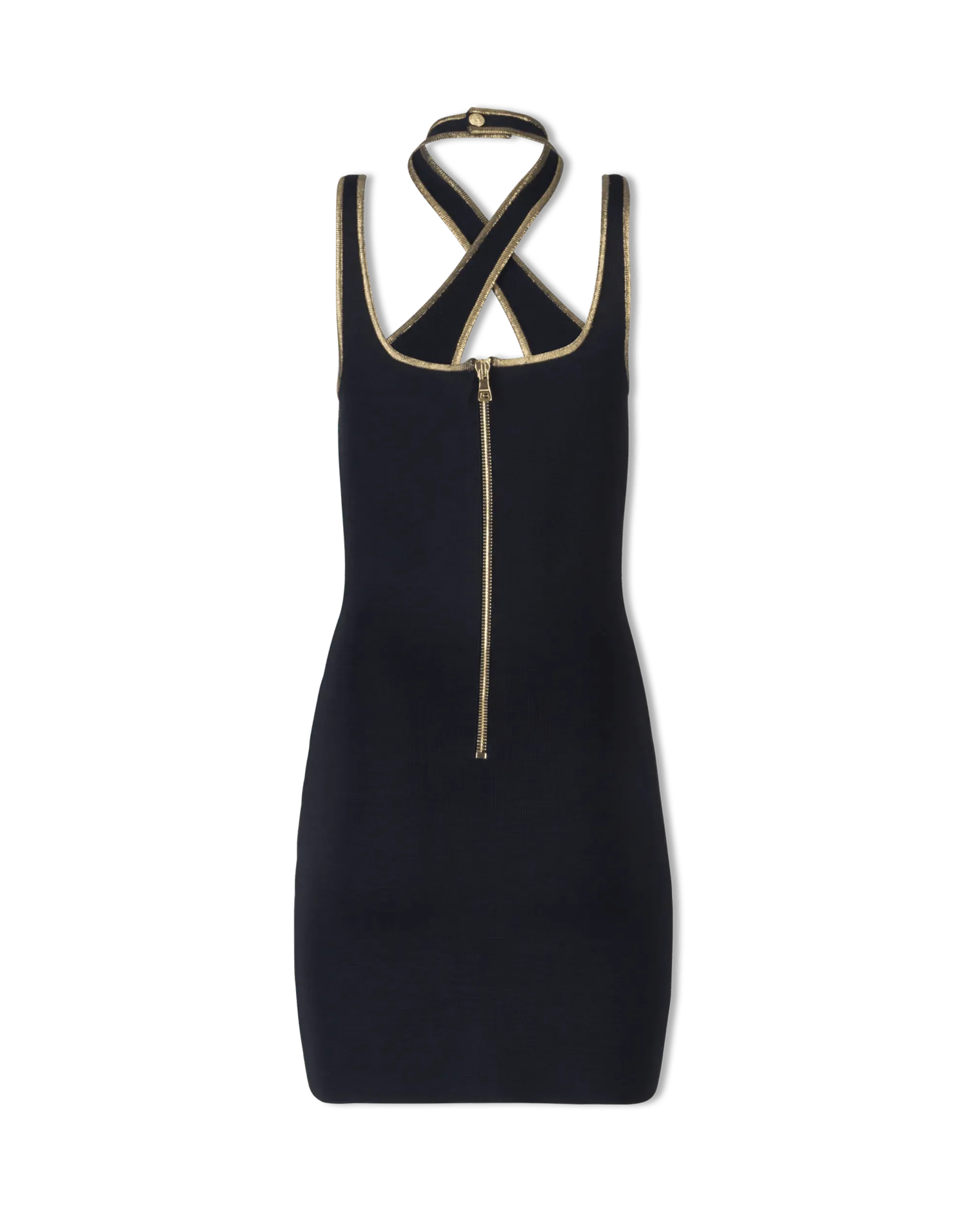 Elegant Gold Trim Halter Neck Knit Mini Dress for Women | Summer Party, Date Night & Beach Outfit