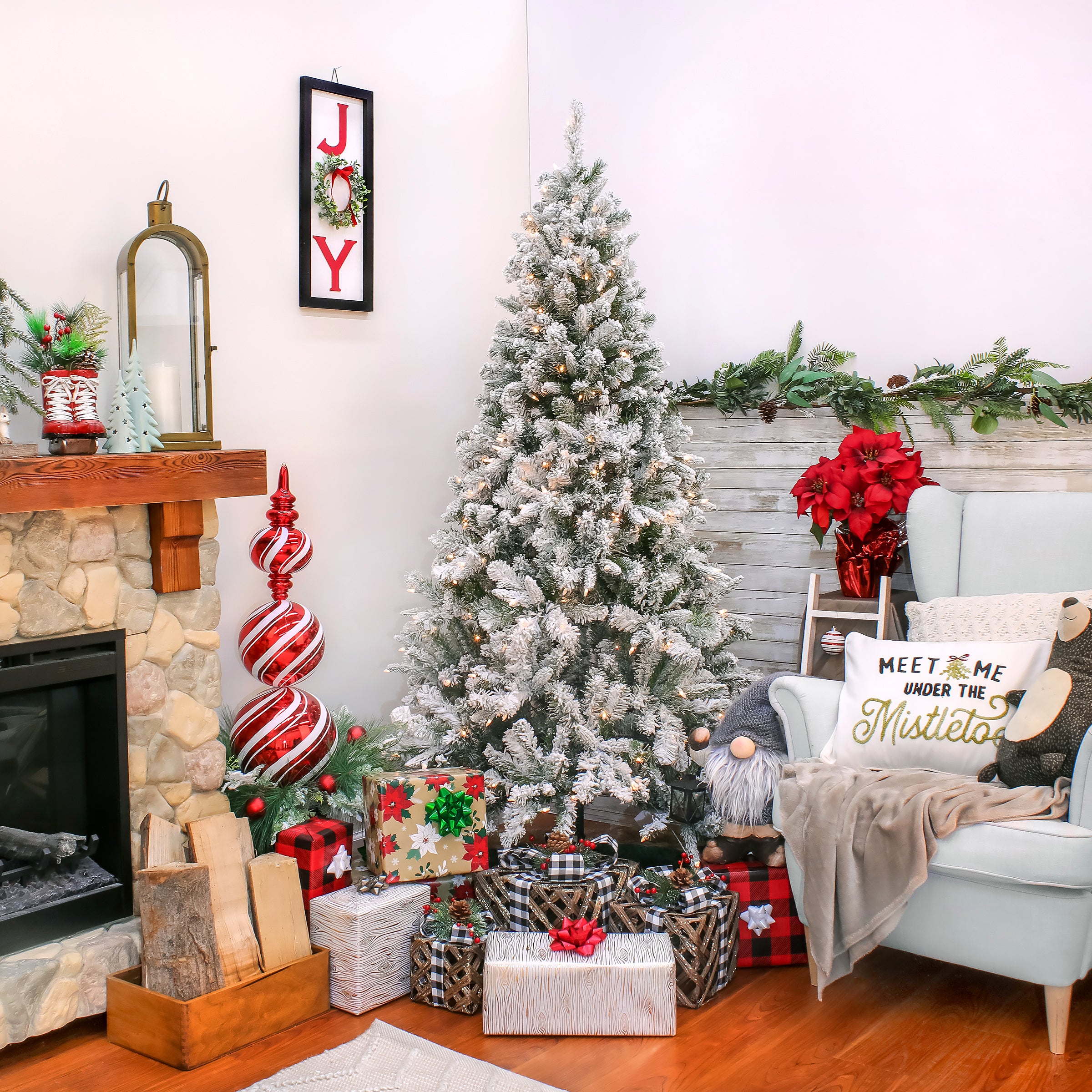 6.5 ft Pre-Lit Snowy Mixed Pine Christmas Tree with 300 Clear LED Lights - Perfect for Holiday Home Decor, Office, and Party Decoration