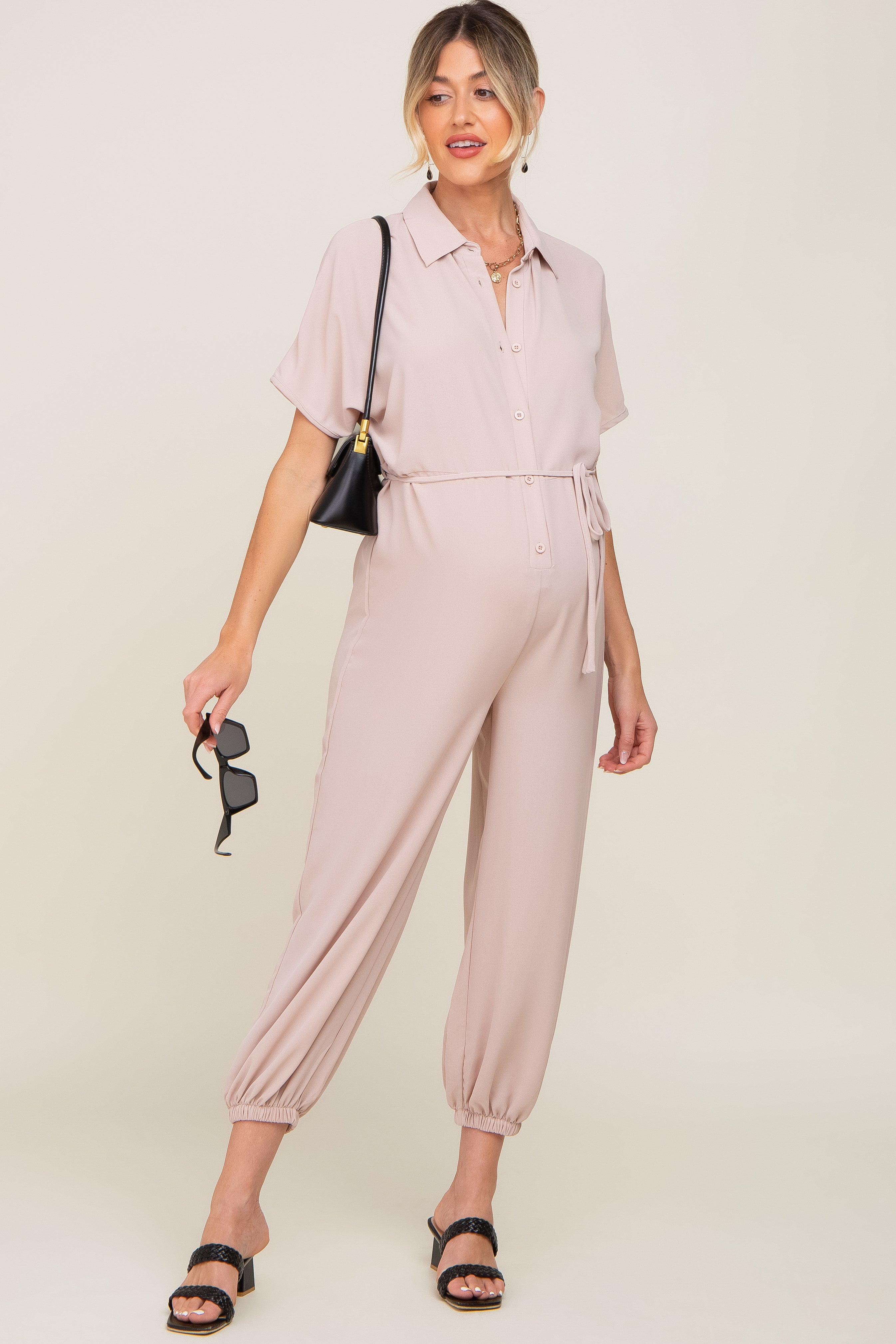 Beige Button Up Maternity Jumpsuit for Women - Comfortable Pregnancy Romper with Pockets - Perfect for Maternity Photos, Baby Showers & Everyday Wear