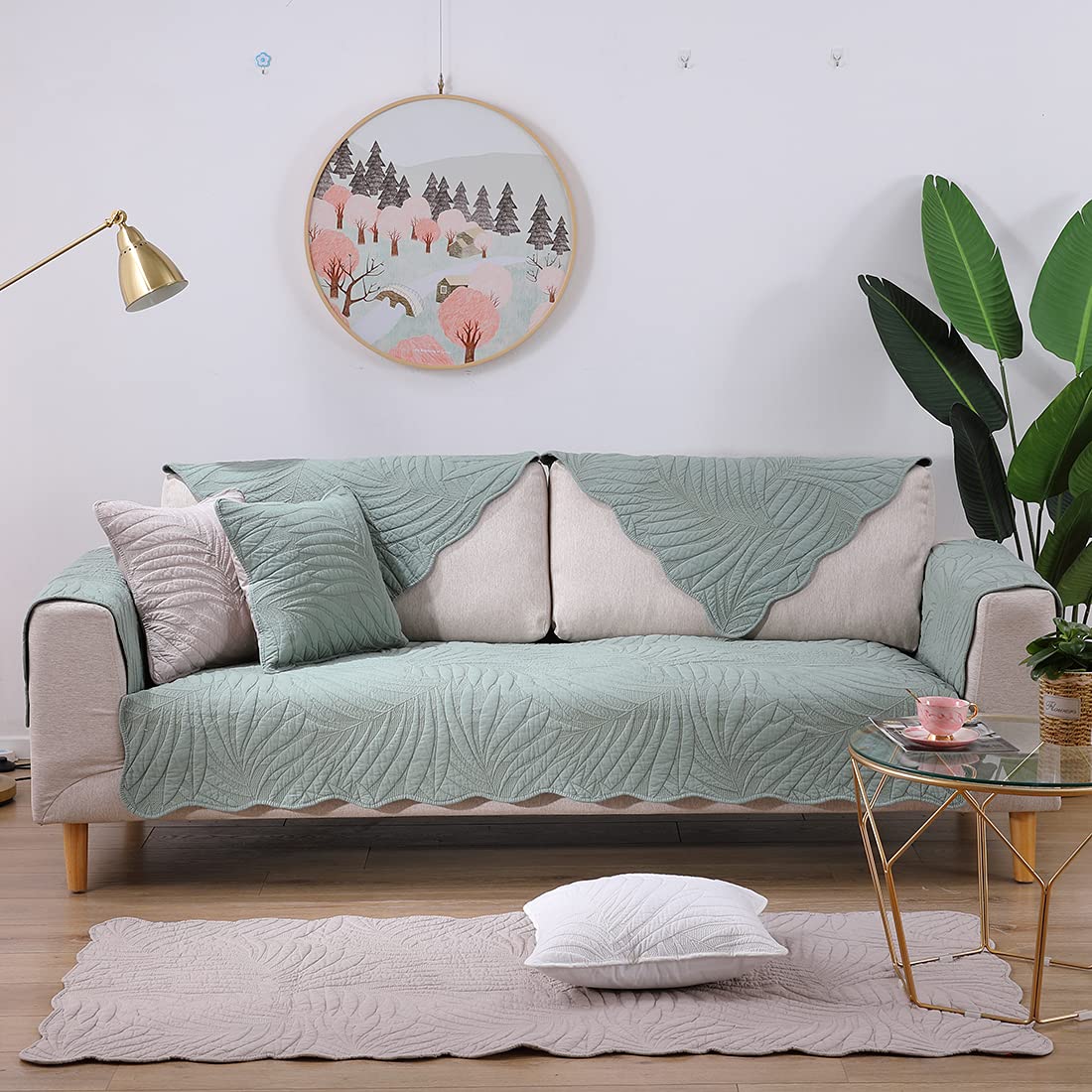 Vctops Leaf Embroidery Cotton Sofa Cover - Non-Slip Sectional Couch Protector for Pets, Recliner & L-Shaped Furniture - 28