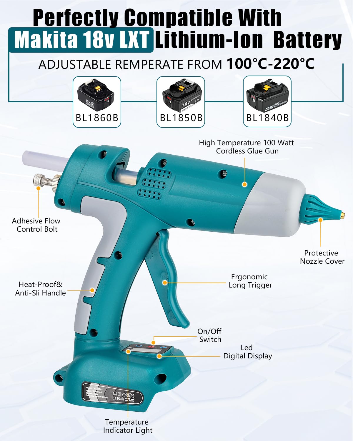 **Makita 18V LXT Cordless Hot Glue Gun Kit - 100W LED Digital Glue Gun with 10pcs 0.43
