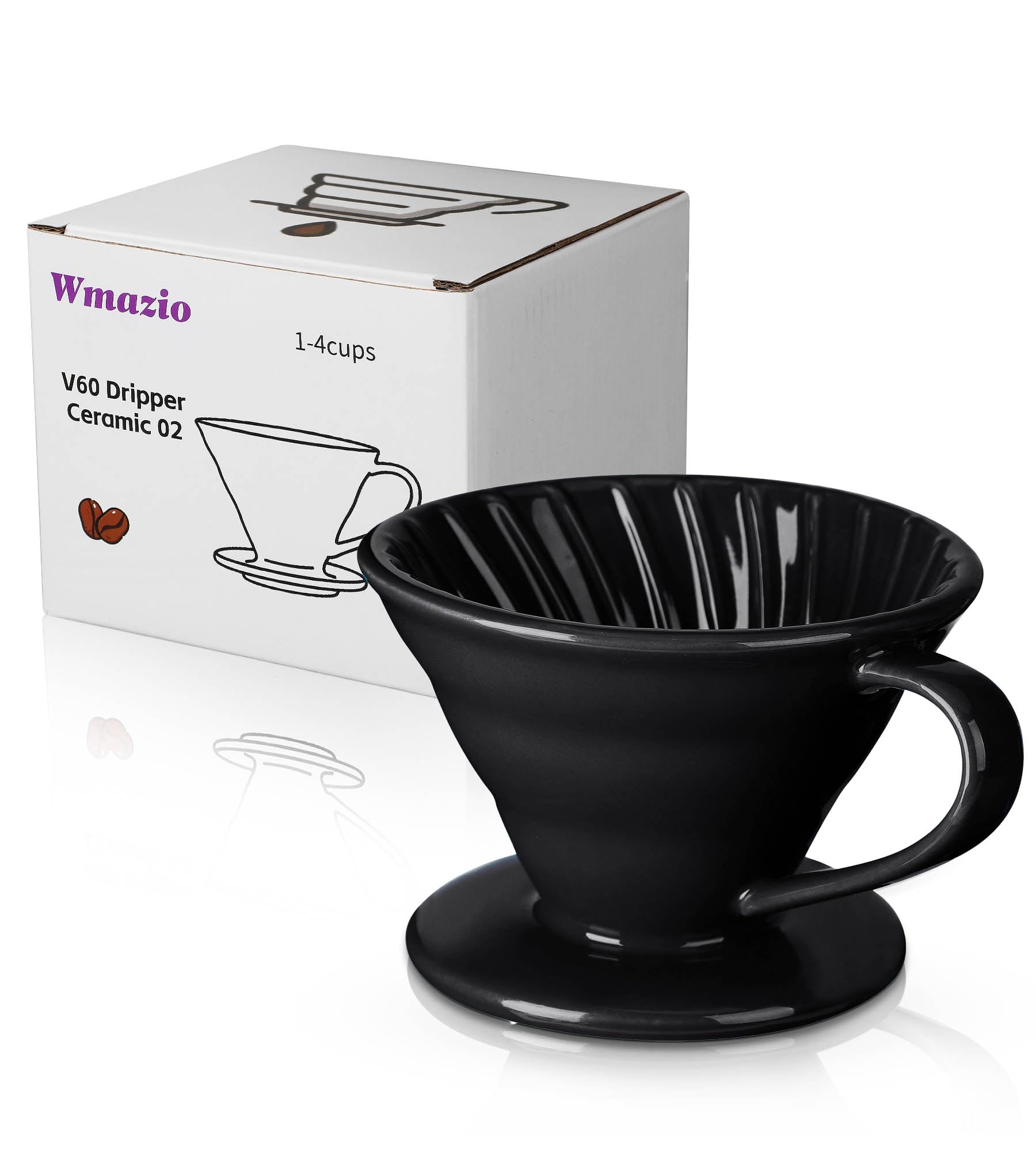 Premium Ceramic Pour Over Coffee Dripper - V60 Size 02 (1-4 Cup) - Handcrafted Porcelain Coffee Maker Cone for Single Cup Brewing - Perfect for Home, Office & Cafe Use - Ideal for Specialty Coffee Lovers & Slow Morning Rituals - Black