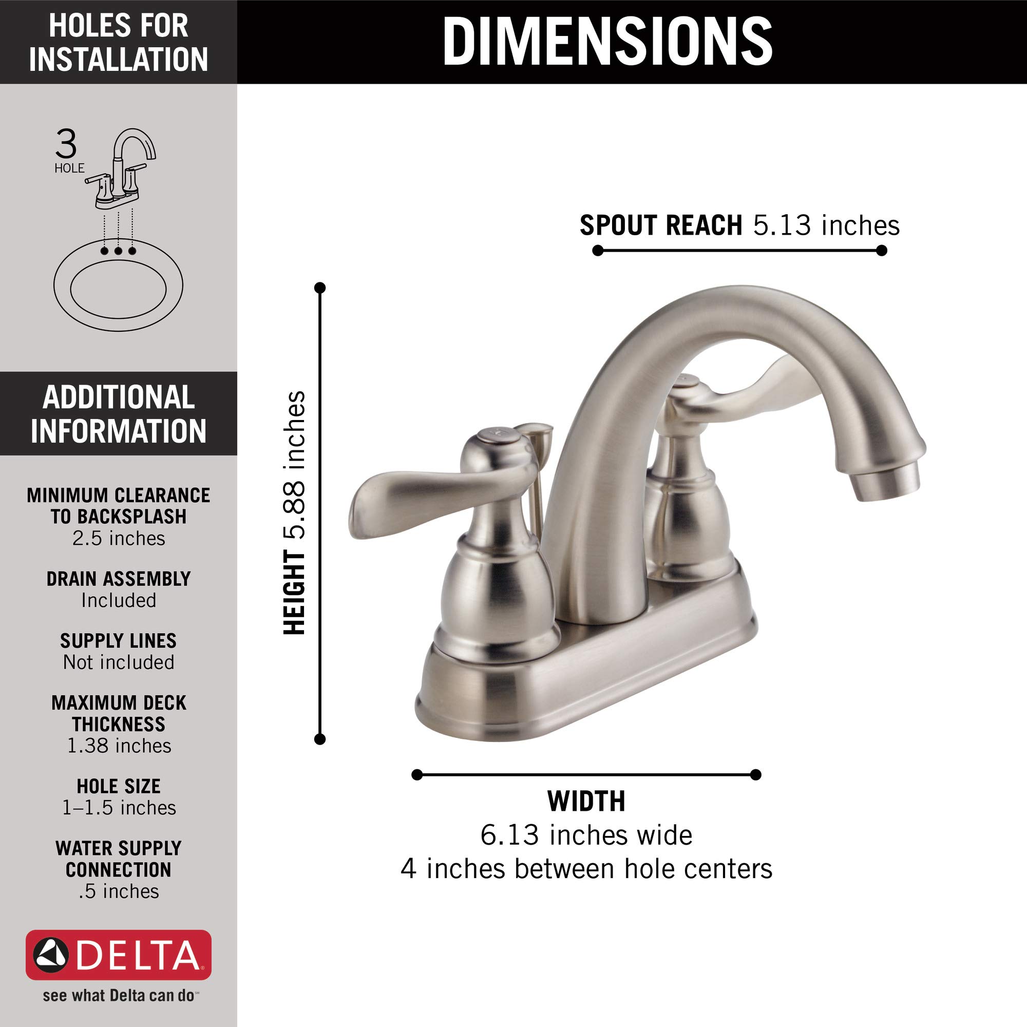 Delta Windemere Brushed Nickel Centerset Bathroom Faucet with Metal Drain Assembly - B2596LF-SS - Elegant Bathroom Sink Faucet for Modern Vanities & Powder Rooms