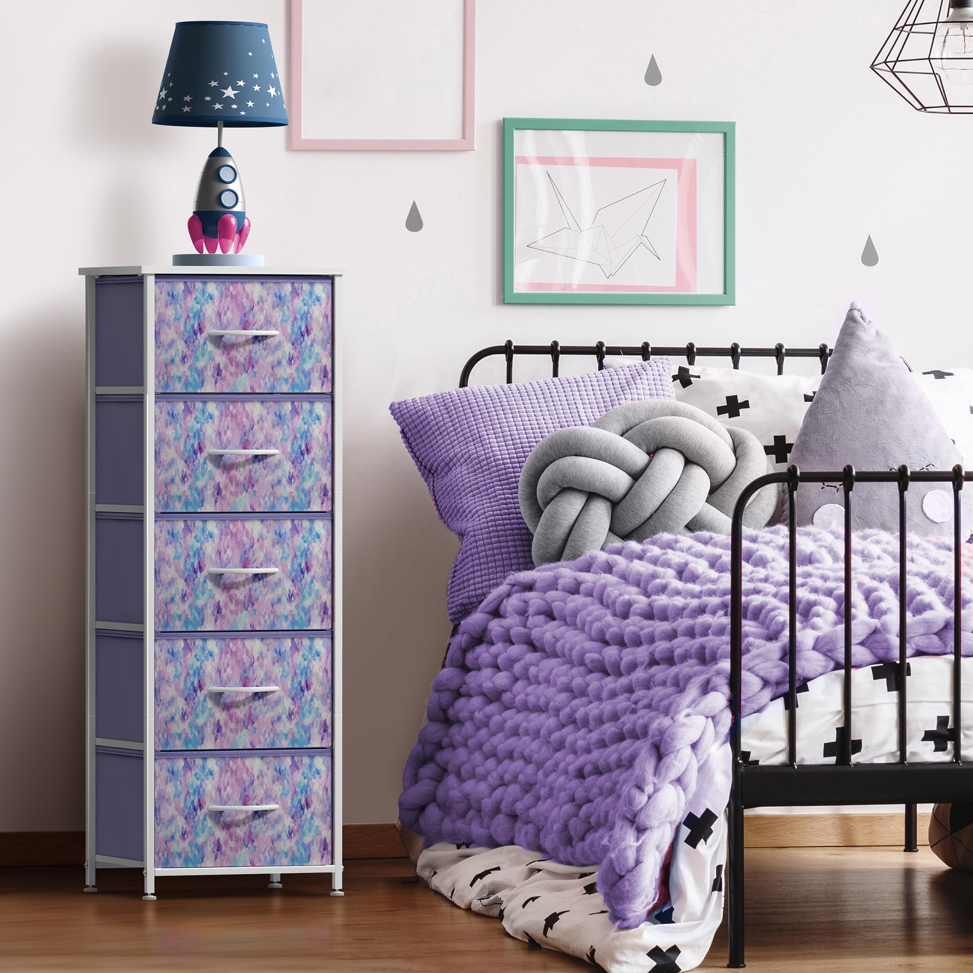 Sorbus Kids Dresser with 5 Fabric Drawers - Tall Storage Tower & Clothing Organizer for Bedroom, Nursery, Playroom - Steel Frame with Wood Handles (Tie-Dye Purple) | Perfect for Organizing Toys, Clothes & Accessories in Children's Rooms