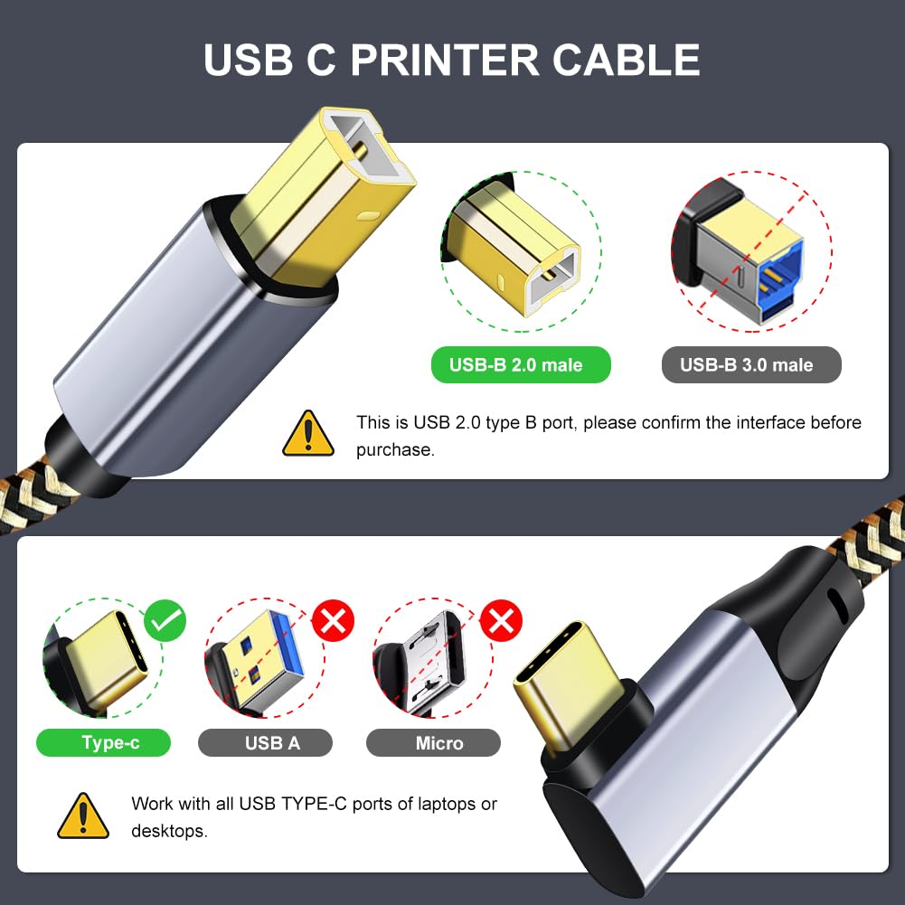 Durable Nylon Braided Right Angle USB C to USB B Printer Cable 0.5M - Compatible with MacBook Pro, Lexmark Printers, Scanners & Type-C Devices - Perfect for Home Office & Workspace Connectivity