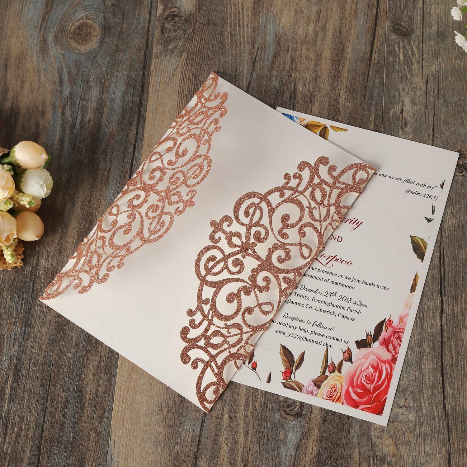 50PCS Laser Cut Lace Rose Wedding Invitation Cards Set with Ribbon & Envelopes - 5.12