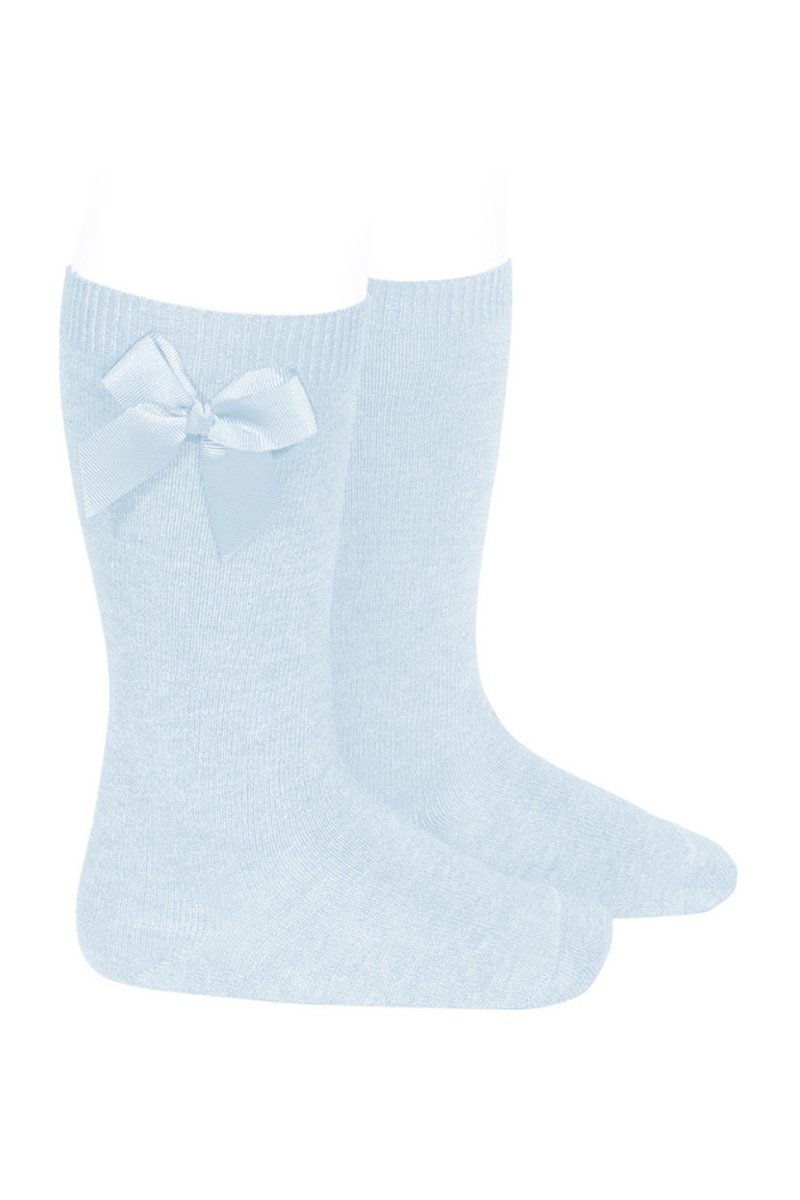 Baby Blue Grosgrain Bow Knee High Socks for Girls - Soft Cotton Blend Dress Socks for School, Parties & Special Occasions