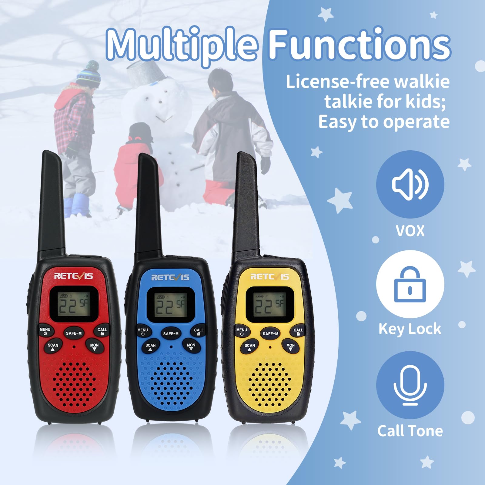 Retevis RT628S Kids Walkie Talkies - 2 Way Radios with Long Range, Safe Mode & VOX - Perfect for Boys & Girls - Ideal for Camping, Hiking & Outdoor Adventures (3 Pack) - Great for Family Trips, Theme Parks & Backyard Explorations