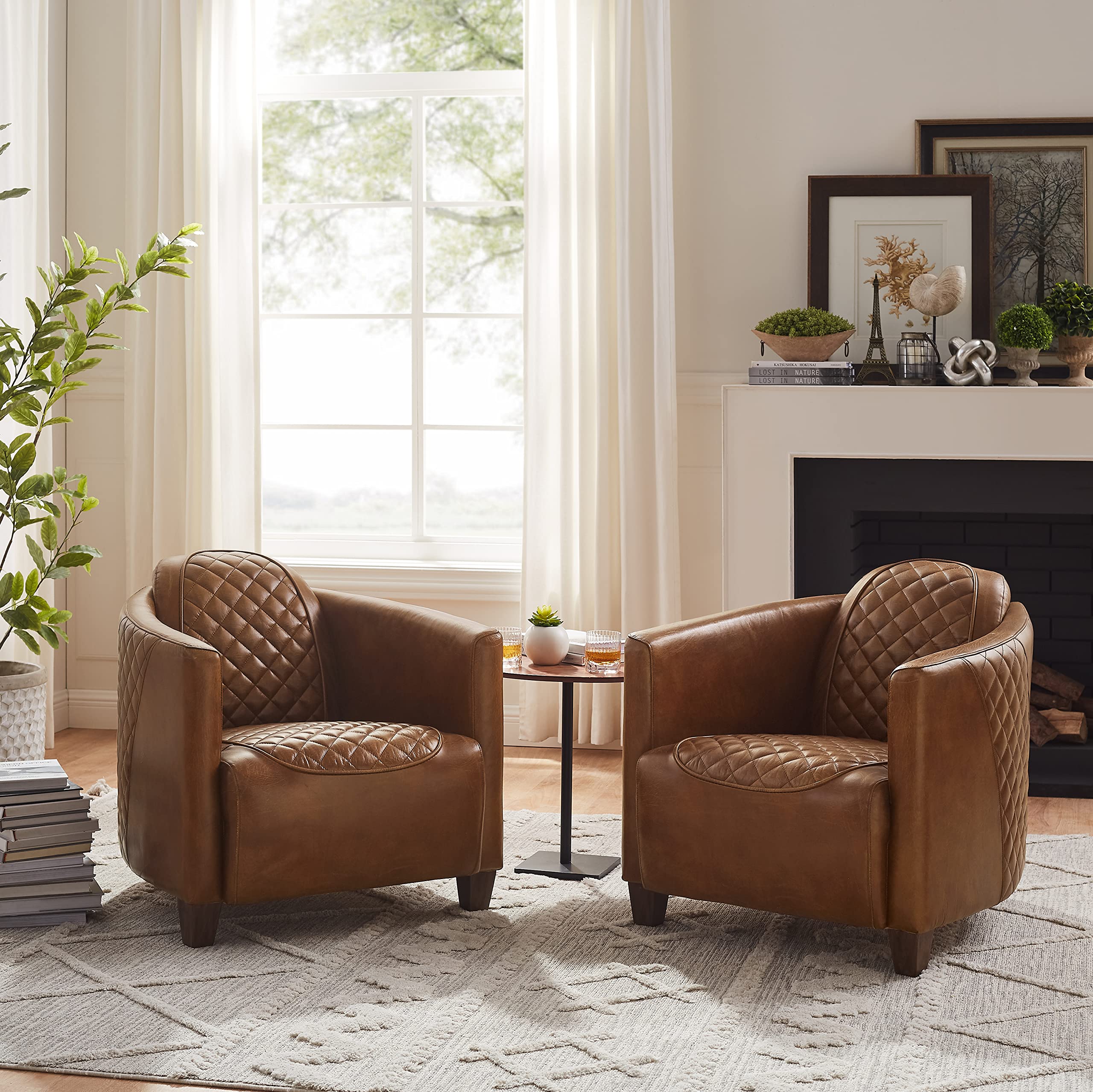 Zouron Genuine Leather Mid-Century Modern Accent Chair - Barrel Style Upholstered Living Room Sofa with Wooden Legs - Single Seater for Bedroom, Home Office & Lounge Areas - Cognac Brown (1 Piece) - Perfect for Reading Nooks, Cozy Corners & Contemporary Decor