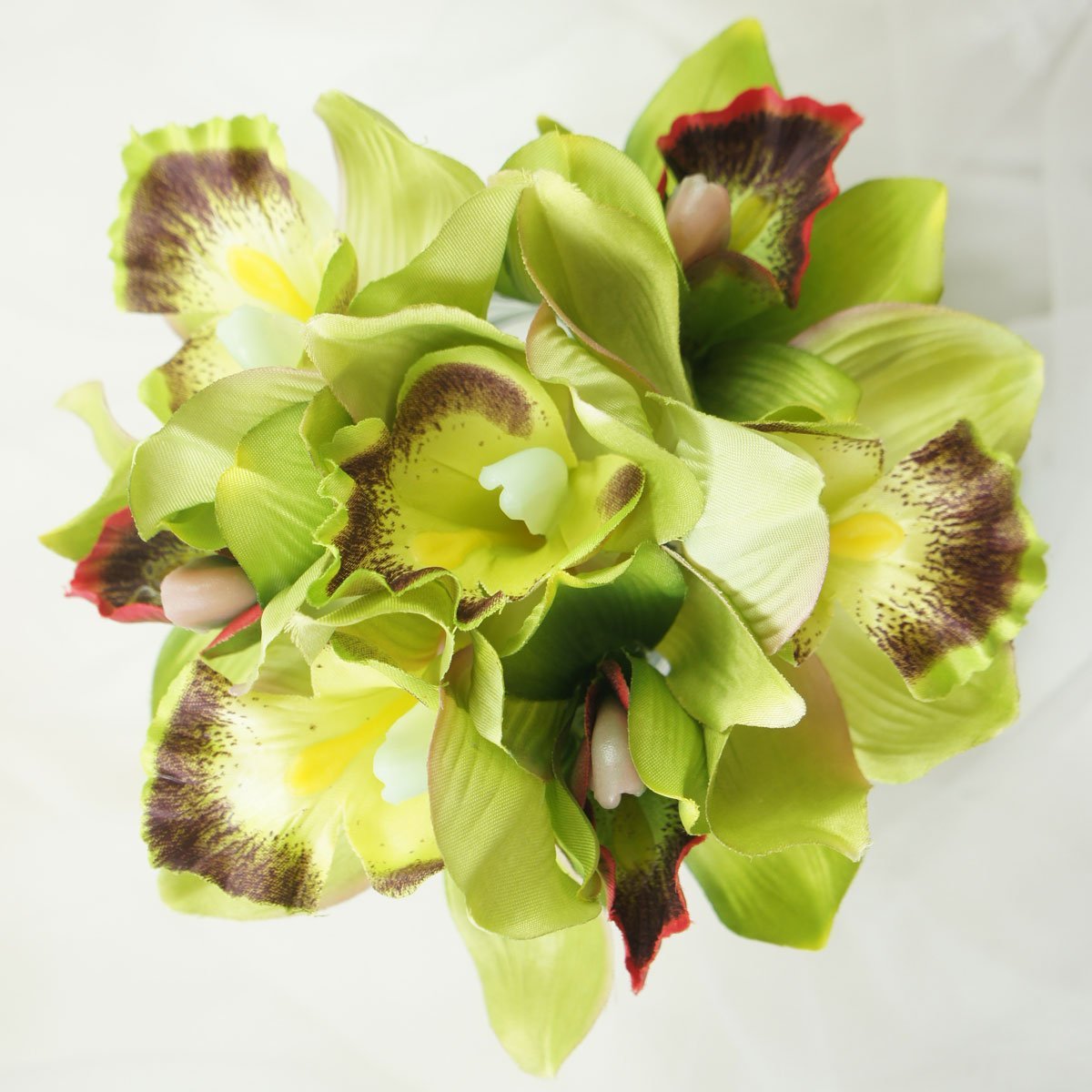 Mini 7 Stems Cymbidium Orchid Artificial Flowers - Green Silk Fake Orchids for Home Decor, Wedding Centerpieces & Office Arrangements