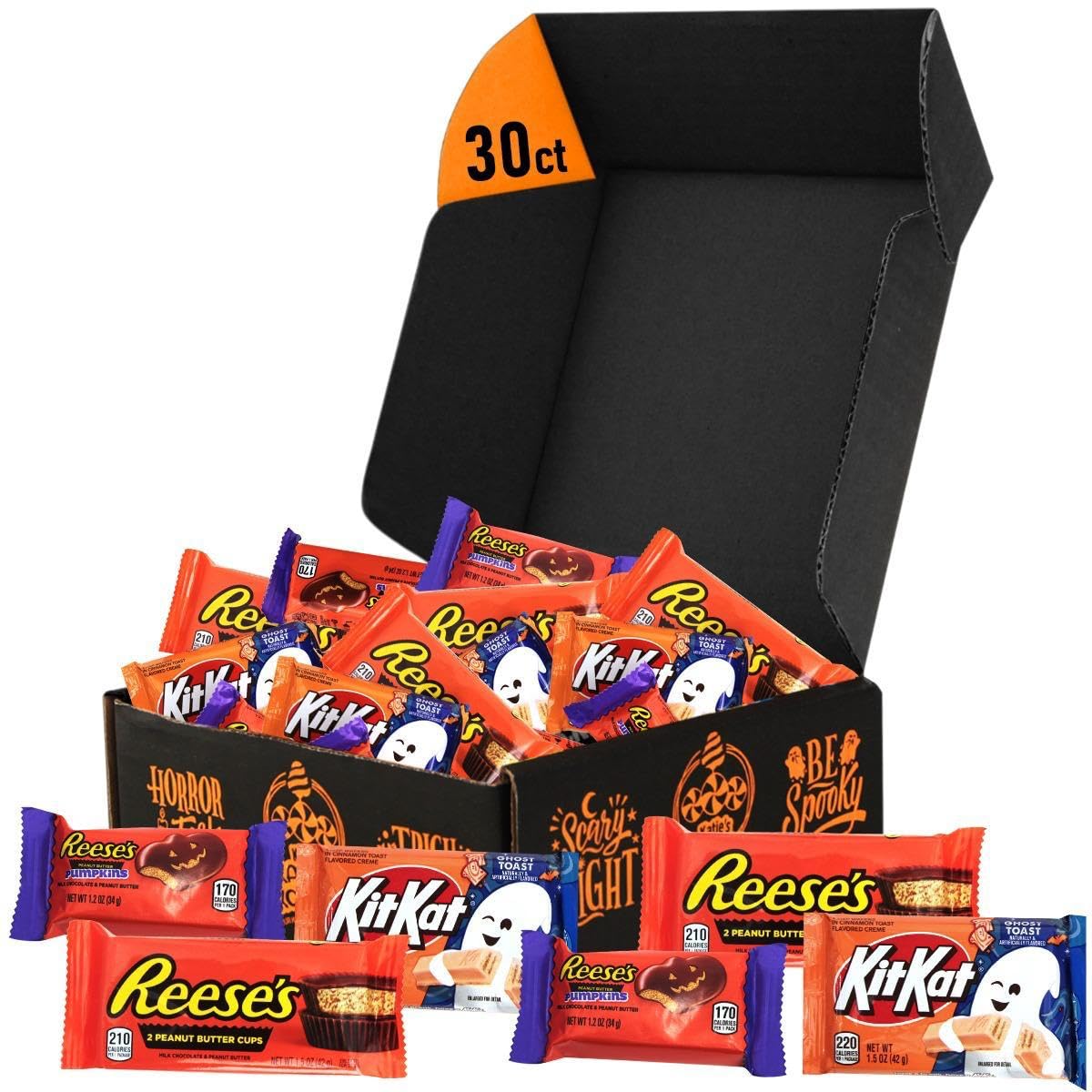 KATIES KANDY KORNER Chocolate Bars Gift Basket - 30 Piece Bulk Candy Assortment with Peanut Butter Pumpkins & KitKat Ghost Toast (10 Each) | Halloween Treats, Party Favors, Gift for Kids