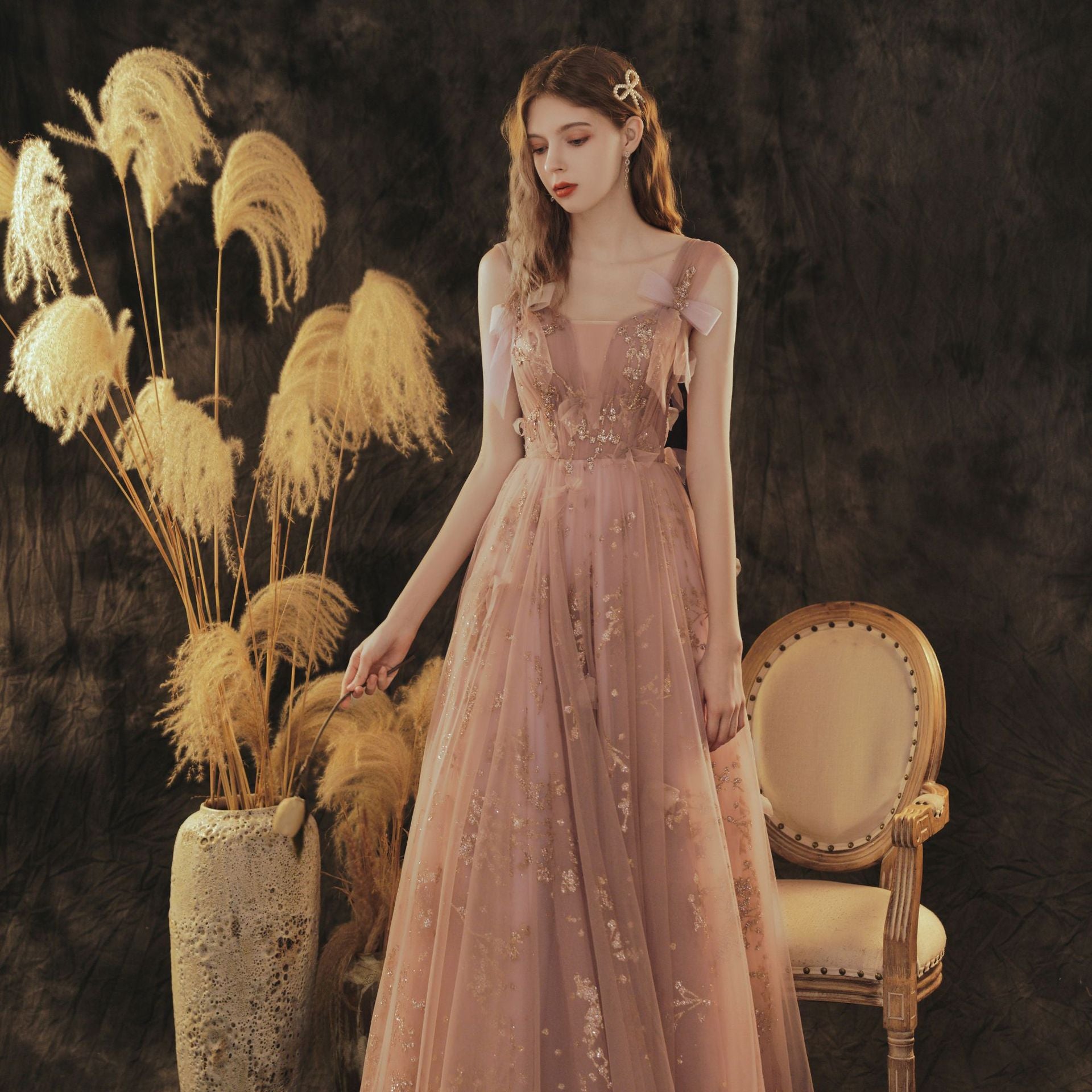Fairy Pink Tulle A-Line Long Prom Dress for Women - Elegant Princess Formal Party Gown with Flowy Skirt - Perfect for Homecoming, Quinceañera, Wedding Guest & Special Occasions