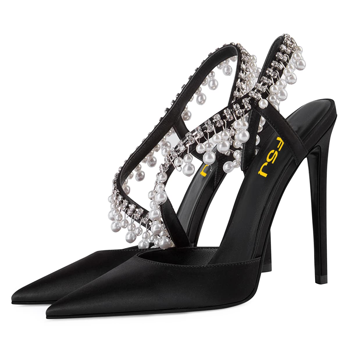 FSJ Women's Rhinestone Strap Heeled Pumps - Pointed Toe Stiletto High Heels with Pearl & Tassel Details for Wedding, Party, Prom & Evening Dress Shoes (US Size 4-15) - Perfect for Bridal Events, Cocktail Parties & Formal Occasions
