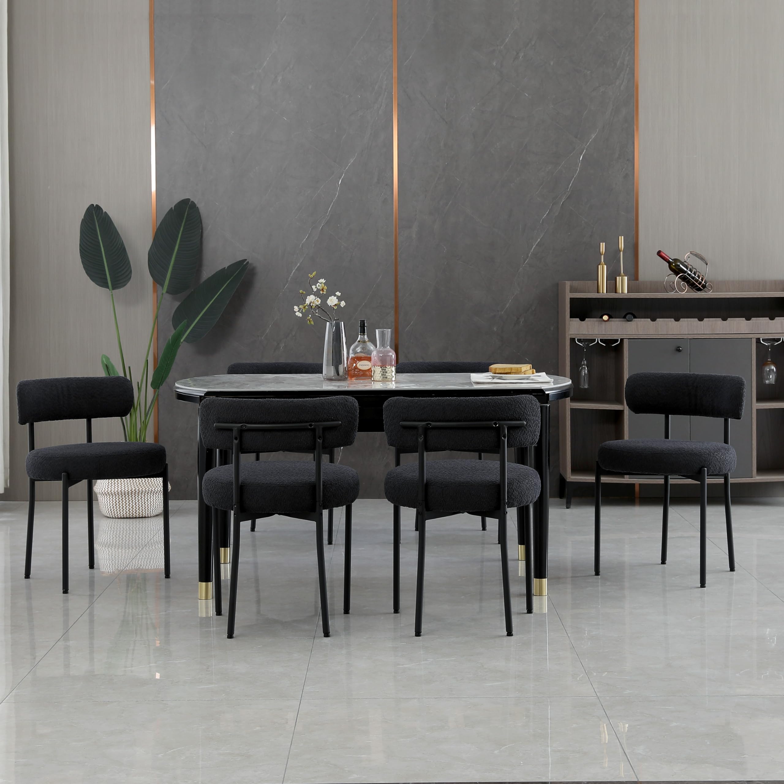 Black Dining Chairs Set of 2 - Round Upholstered Boucle Mid-Century Modern Kitchen Chairs with Curved Backrest & Metal Legs - Perfect for Dining Room, Kitchen Island & Small Space Decor