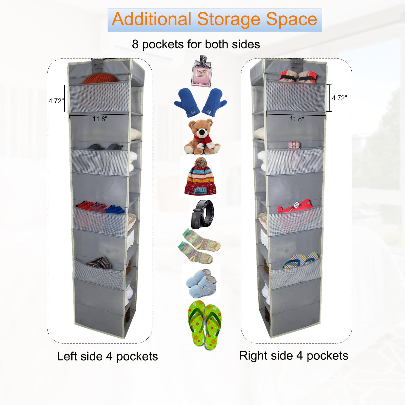 10-Shelf Large Hanging Shoe Organizer with 8 Side Pockets - Sturdy Closet Storage for Shoes, Clothes, Jeans & Toys (Grey) | Perfect for Bedroom, Closet & Dorm Organization