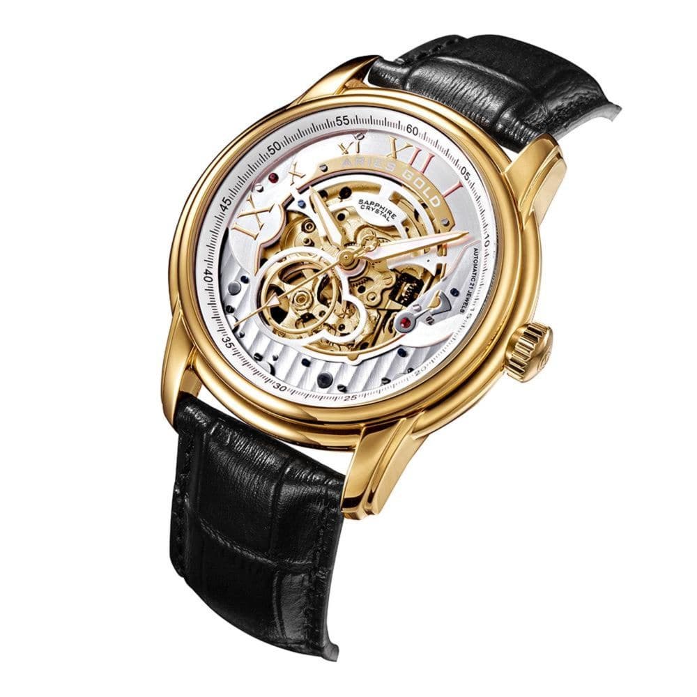 ARIES GOLD Automatic Infinum El Toro Men's Watch - Stainless Steel Case, Black Leather Strap, Water Resistant - Perfect for Business, Casual & Formal Occasions