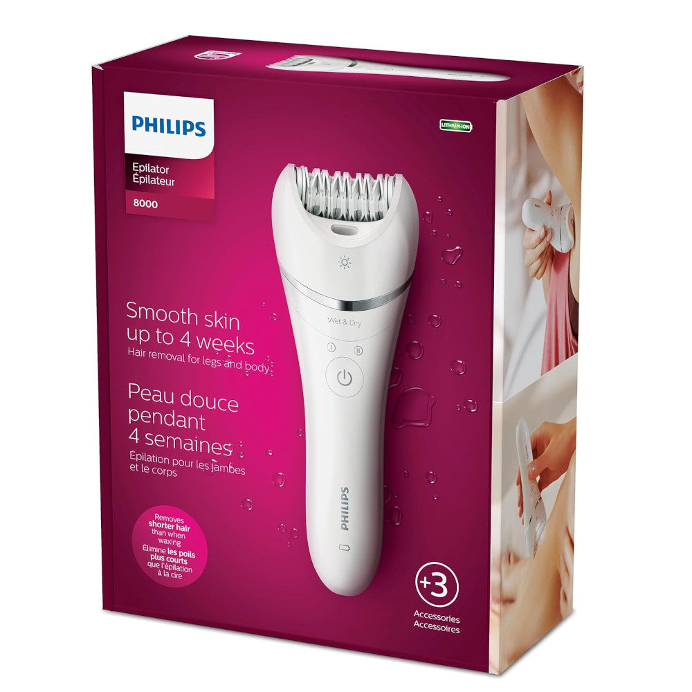 PHILIPS BRE700/04 Rechargeable Epilator Series 8000 for Women - Cordless Hair Removal with 3 Attachments for Legs, Underarms & Bikini Line | Smooth Skin at Home