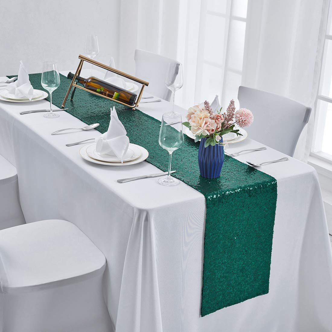 10 Pack 12x72 Inch Hunter Green Sequin Table Runners - Glitter Party Table Decor for Weddings, Birthdays, Baby Showers & Holiday Celebrations | Elegant Dining Decor, Buffet Table Cover, Event Centerpiece Decoration