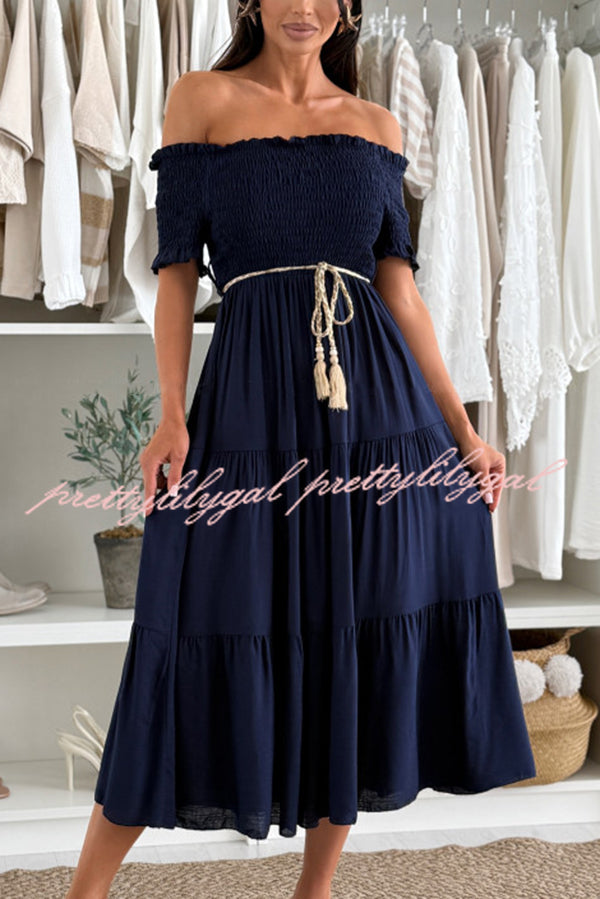 Elegant Solid Color Off-the-Shoulder Pleated Waist Midi Dress for Women - Perfect for Summer Parties, Beach Vacations & Date Nights