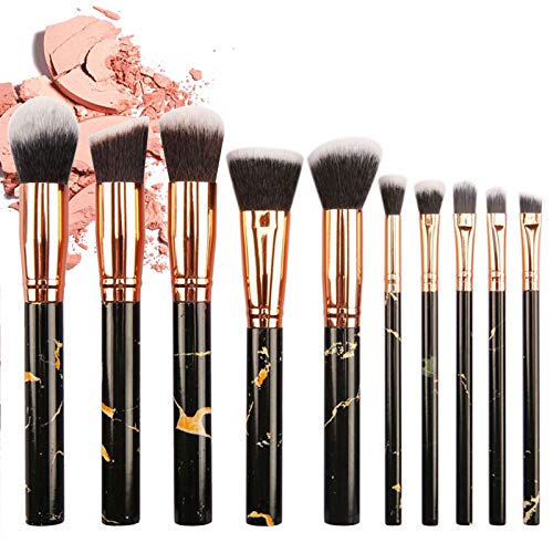 10Pcs Marble Makeup Brush Set - Soft Dense Cosmetic Brushes for Eyeshadow, Blush & Powder | Vegan Makeup Tools for Women & Girls with Glitter Storage Bag | Perfect for Daily Makeup & Professional Makeup Artists