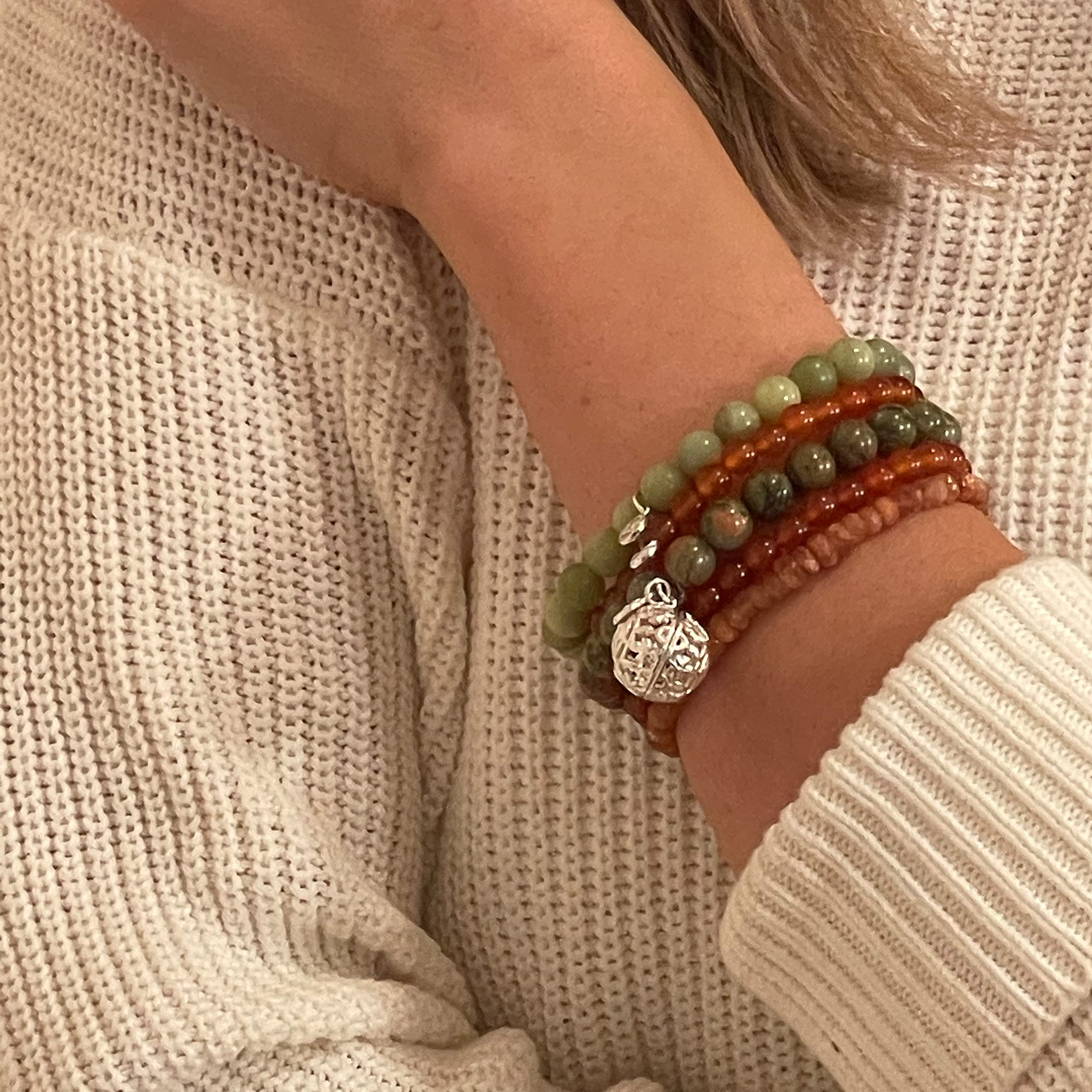 Lisa Hoffman Boho Beaded Bracelet Set for Women - 5 Stretch Bracelets with Floral Charm & Genuine Faceted Gemstones, Handmade Aromatherapy Jewelry with 3 Fragrance Beads | Perfect for Yoga, Meditation, Gifts & Boho Fashion Accessories