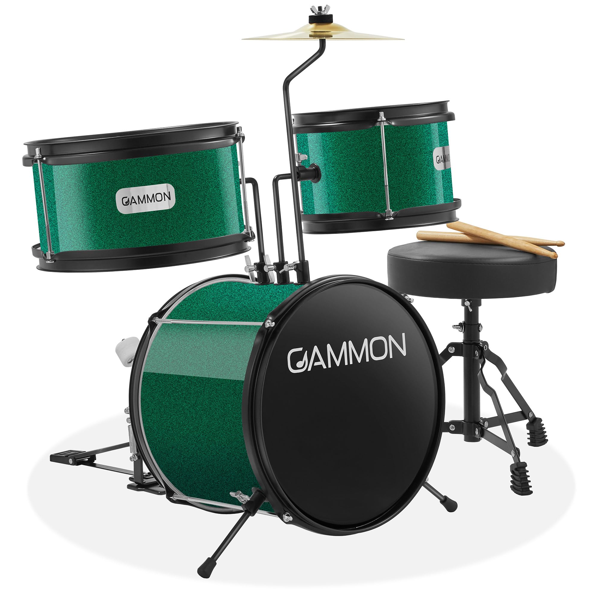 Gammon 3-Piece Junior Drum Set with Throne - Green | Complete Beginner Drum Kit with Bass Drum, Toms, Cymbal, Pedal & Drumsticks | Perfect for Kids Learning Music, Home Practice & Birthday Gifts