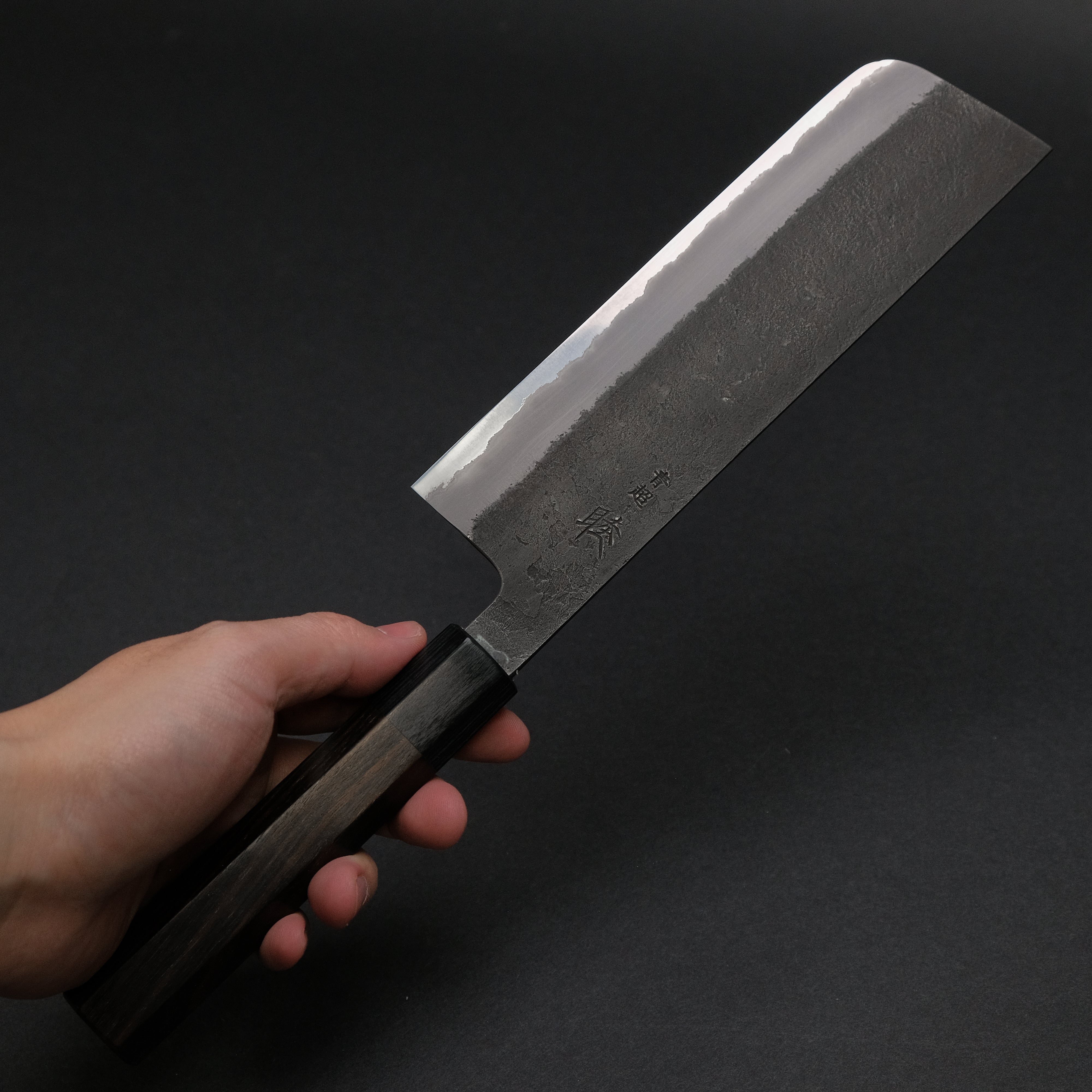 Premium Mutsumi Blue Super Kurouchi Nashiji Nakiri Knife 180mm - Japanese Chef Knife with Ebony Handle - Perfect for Slicing Vegetables, Herbs & Sushi Preparation
