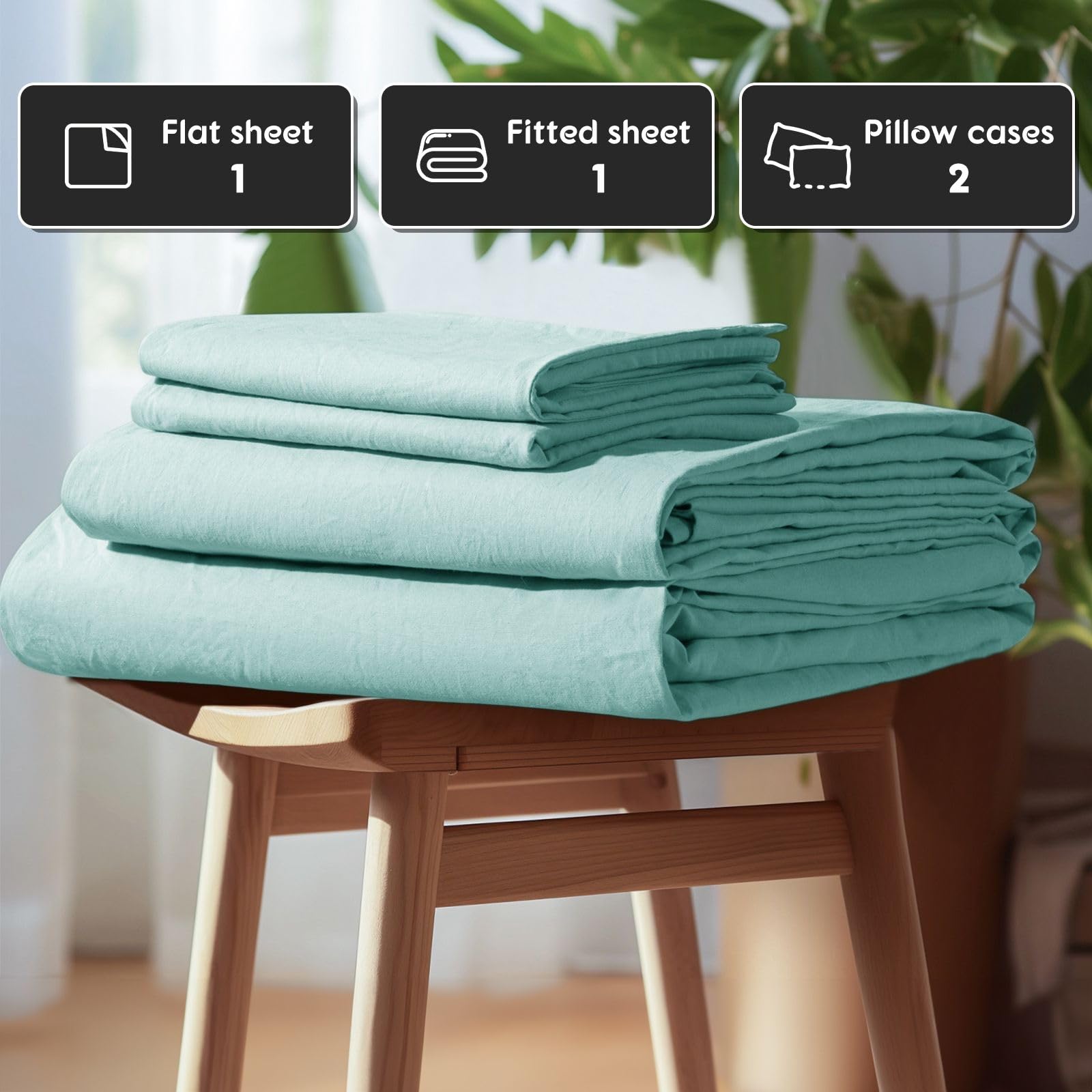 SONORO KATE 100% French Pure Linen Queen Size Sheet Set - Breathable, Durable & Anti-Tear Bedding, 16