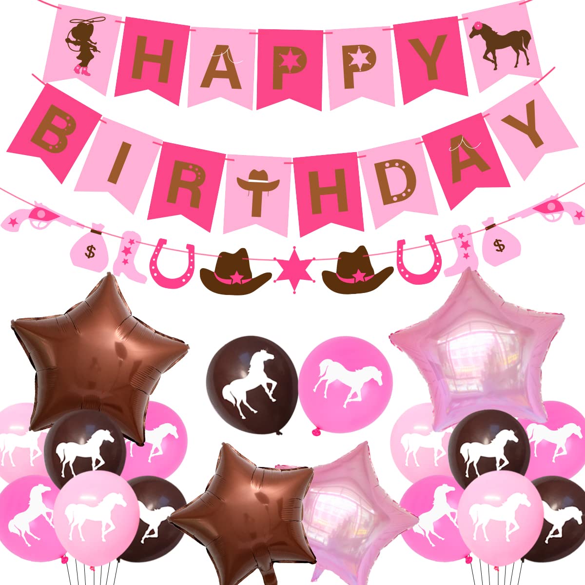 Western Cowgirl Party Decorations Set - Horse Birthday Supplies with Garland, Pink Balloons & Happy Birthday Banner for Western Theme Parties, Baby Showers & Cowgirl-Themed Events