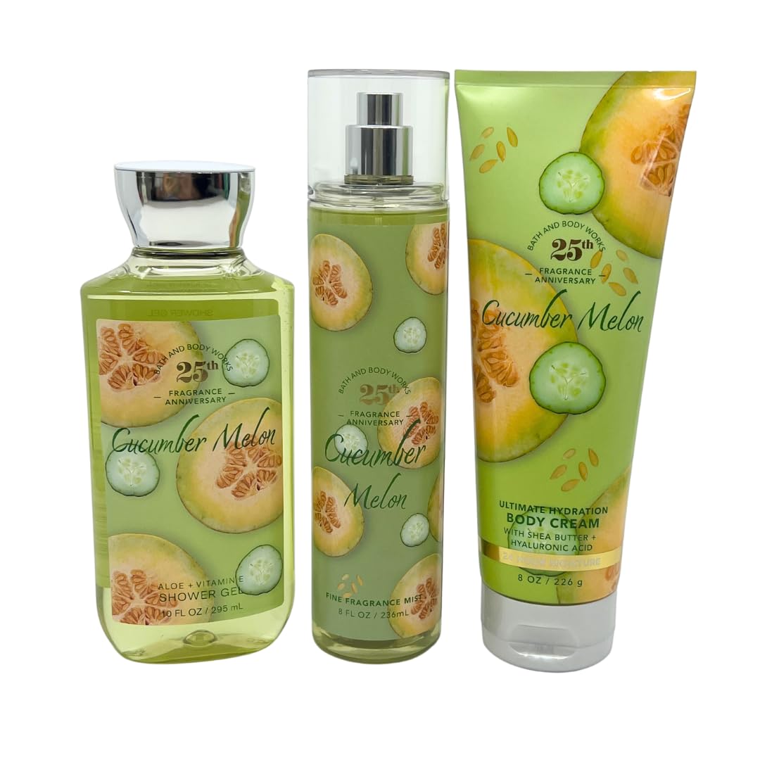 Bath & Body Works Cucumber Melon 3-Piece Gift Set - 10oz Shower Gel, 8oz Body Mist & 8oz Body Lotion | Refreshing Summer Skincare Routine for Women