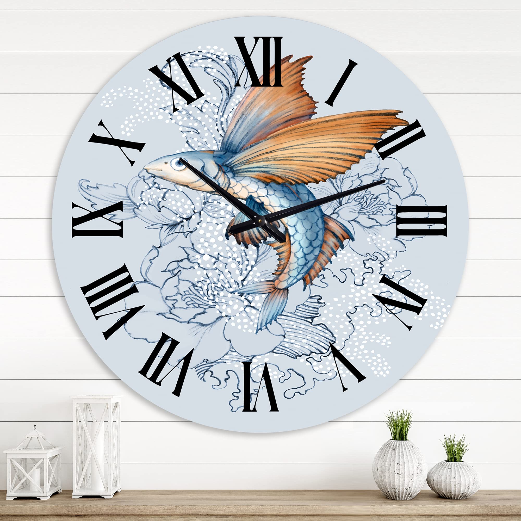 Flying Fish On Peonies Large Wall Clock - Traditional Decorative Clock for Home & Office - Perfect for Living Room, Bedroom, and Workspace Decor