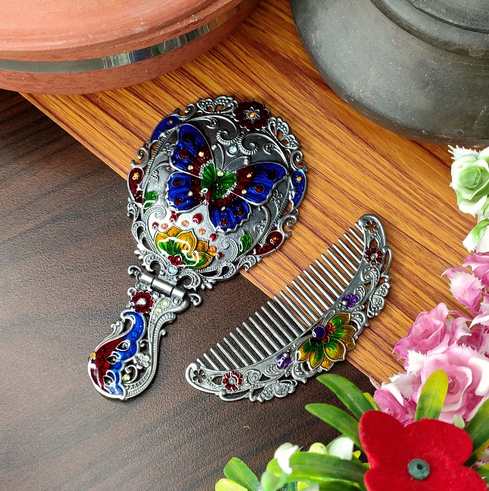 Vemlons Vintage Metal Hand Mirror and Comb Set for Women & Girls - Compact Tabletop & Travel Mirror with Comb, Perfect for Makeup, Gifts, and Home Decor