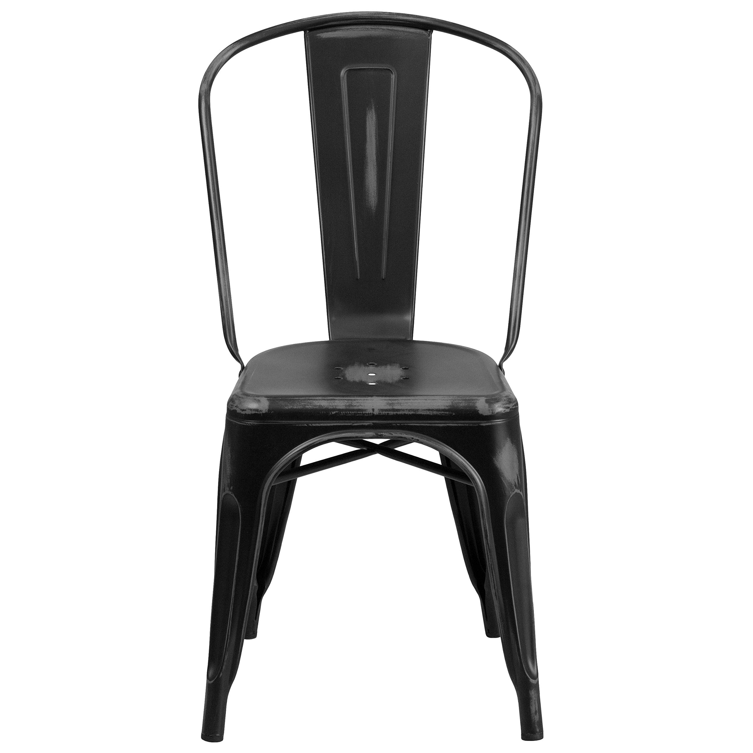 4 Pack Distressed Black Metal Stackable Chairs for Indoor & Outdoor Use - Rustic Kitchen Dining Chairs, Patio Furniture, Restaurant & Cafe Seating