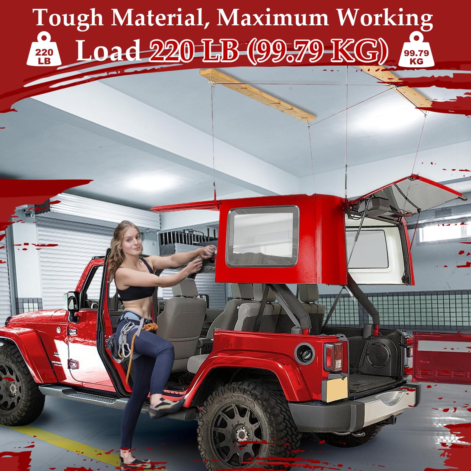 Jeep Wrangler Hard Top Removal Lift - Single Person Roof Hoist for JL & JK Models | Compatible with Ford | Anti-Drop Safety System | 8-16 ft Ceiling Support | Includes 6 T-Knobs | Perfect for Garage Storage & Off-Road Enthusiasts