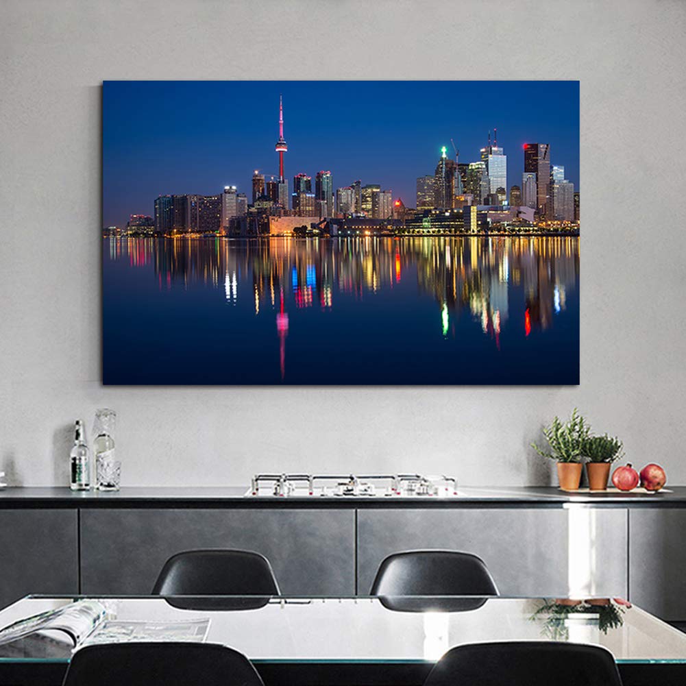 Toronto Skyline Wall Art - Large Framed Cityscape Painting, Night View of Toronto - Ready to Hang Canvas Wall Decor for Living Room & Bedroom - Perfect for Home, Office, and Gift Giving
