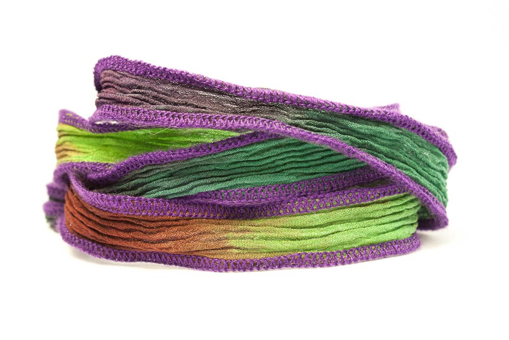 Handmade Silk Ribbon with Jeweled Magic Design - Burgundy, Emerald Green & Lime Green Blend with Purple Edges for DIY Crafts, Gift Wrapping & Hair Accessories