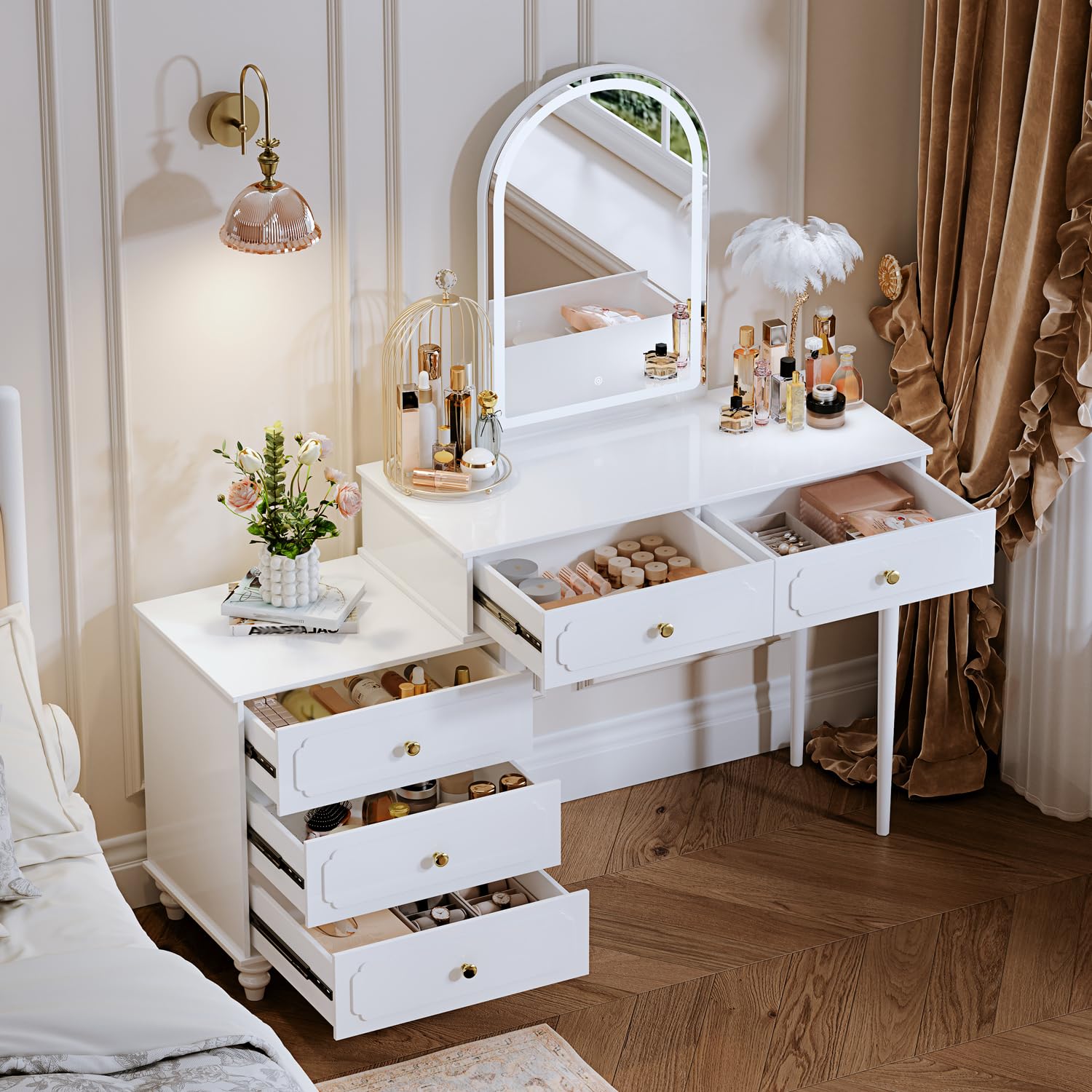 YYJ Vanity Desk with Mirror & LED Lights, Modern Makeup Table with Power Outlet, Adjustable Storage Cabinet & 3 Drawers - White Writing Desk for Bedroom, Dressing Room or Home Office