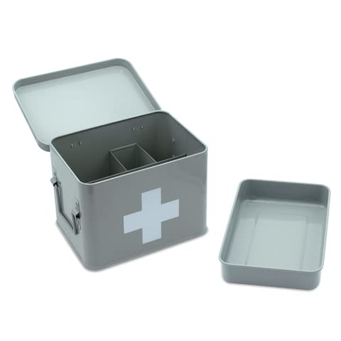 Metal Divided Storage Tin Caddy with Hinged Lid & Removable Tray - Organizer for First Aid, Medicine, Bandages, Toiletries & Bathroom Supplies - Grey & White - Perfect for Home, Office & Travel Organization