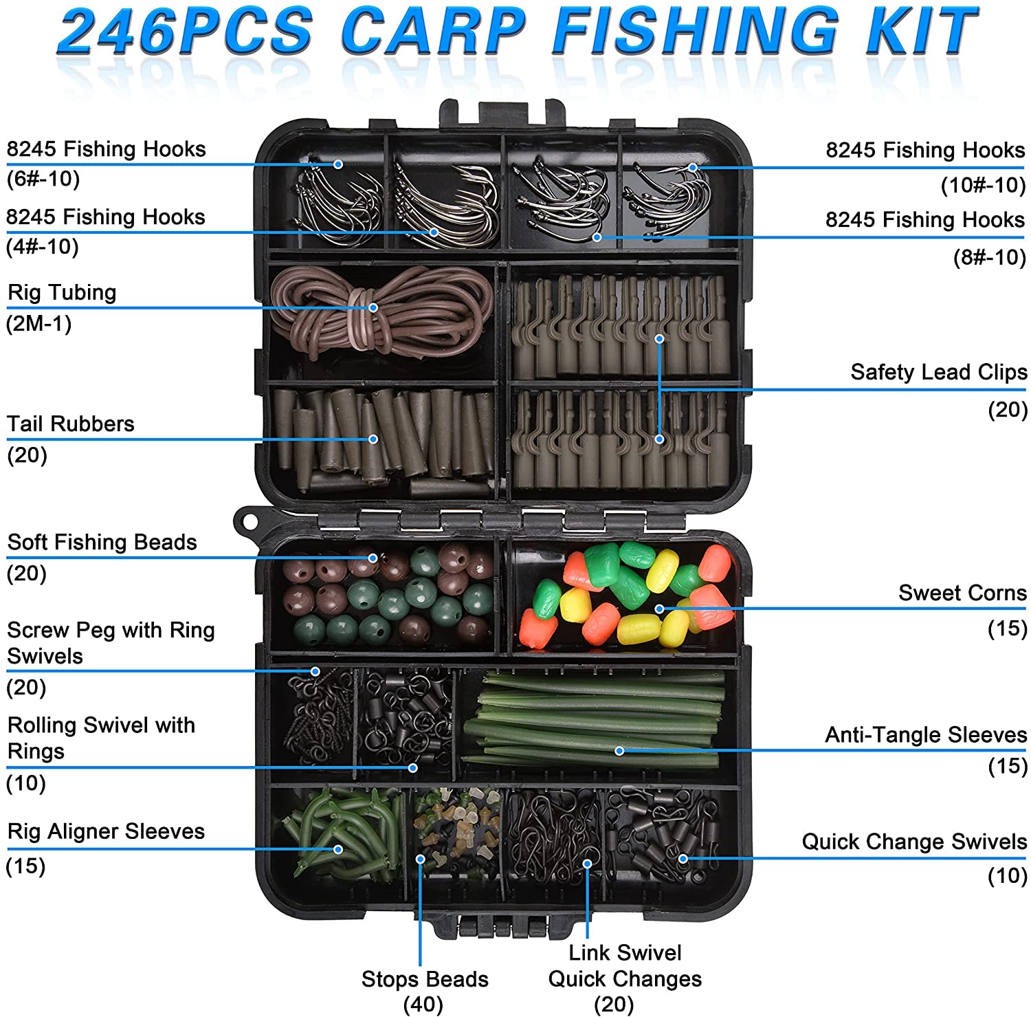246pcs Carp Fishing Tackle Box Set - Complete Fishing Accessories Kit with Hooks, Swivels, Beads & Rig Tubing | Premium Carp Fishing Gear for Lakes & Rivers | Perfect for DIY Hair Rigs & Bait Setup