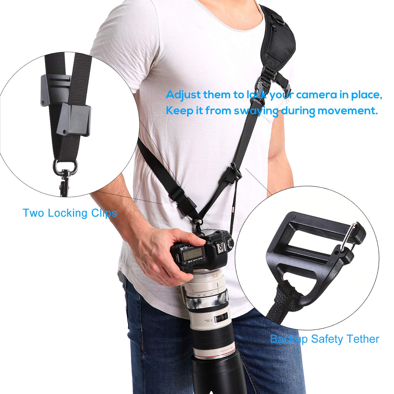 Waka Quick Release Camera Neck Strap with Safety Tether & Underarm Support - Adjustable DSLR Shoulder Sling for Nikon Canon Sony Fuji (Black) - Perfect for Travel, Hiking & Outdoor Photography