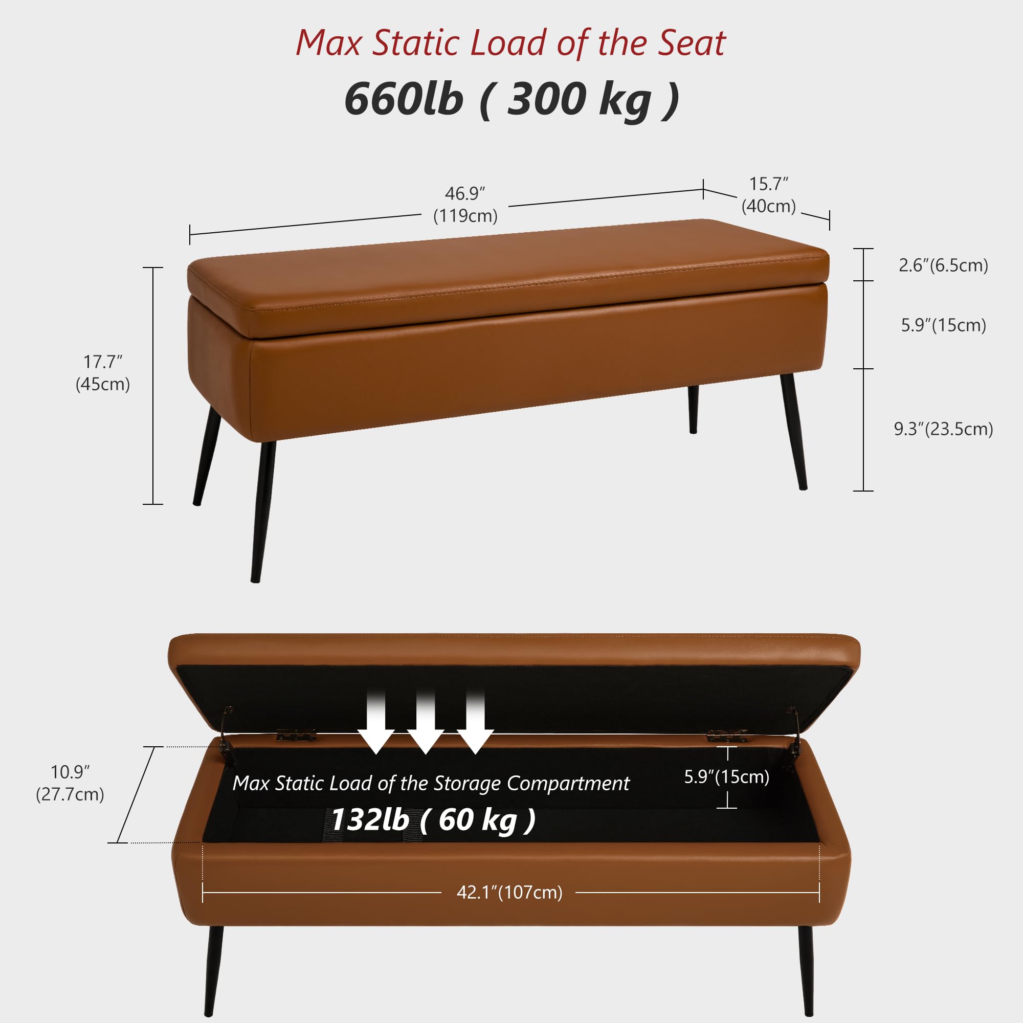 Mid-Century Modern Faux Leather Storage Ottoman Bench with Steel Legs & Safety Hinges - 660 lb Capacity - Brown Tufted Footrest for Living Room, Bedroom, Entryway - Perfect for Extra Seating & Hidden Storage
