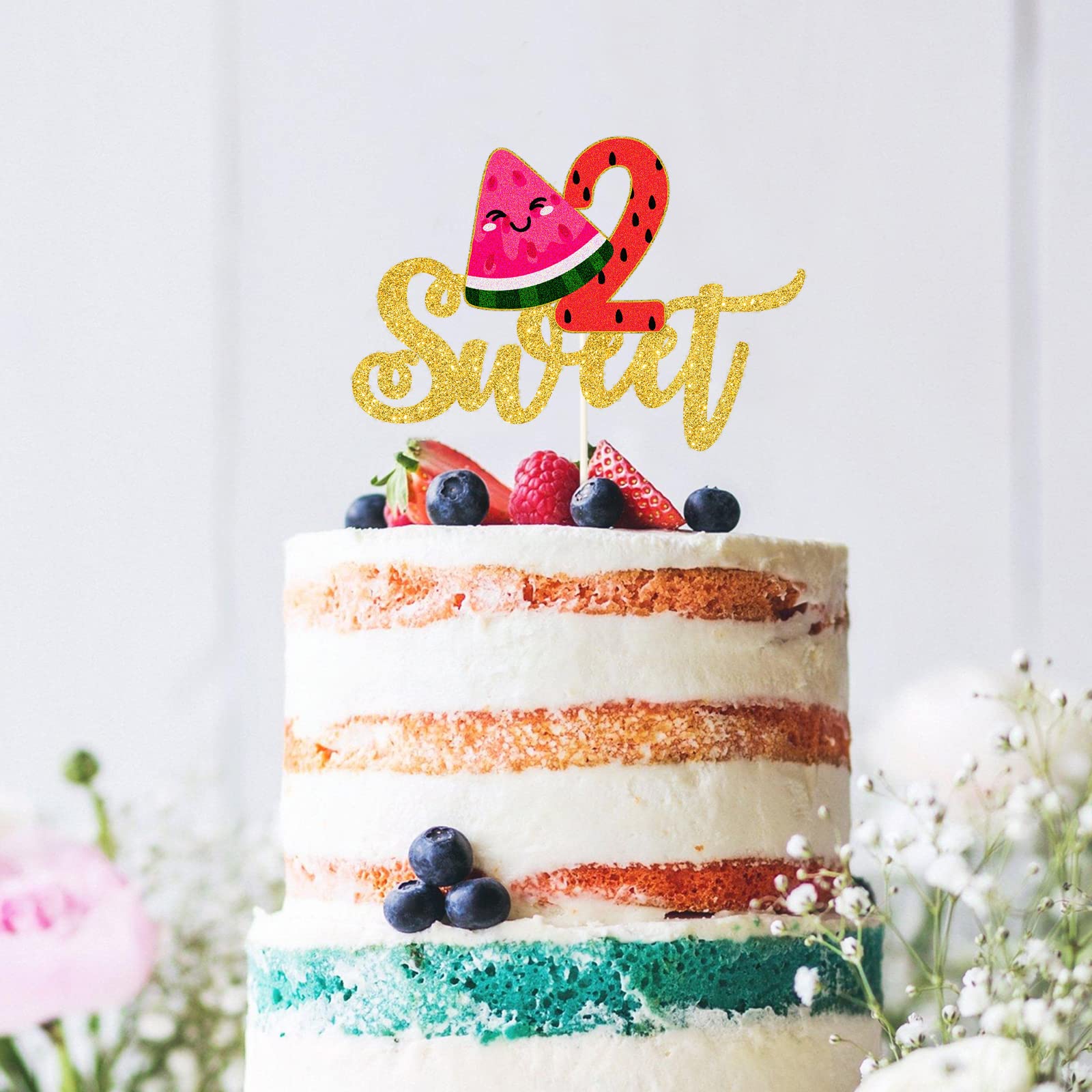 Watermelon Double Glitter Cake Topper - Summer Baby Shower & Birthday Cake Decorations - Hawaiian Luau Themed Party Supplies - Perfect for Beach Parties, Tropical Celebrations & Summer Desserts