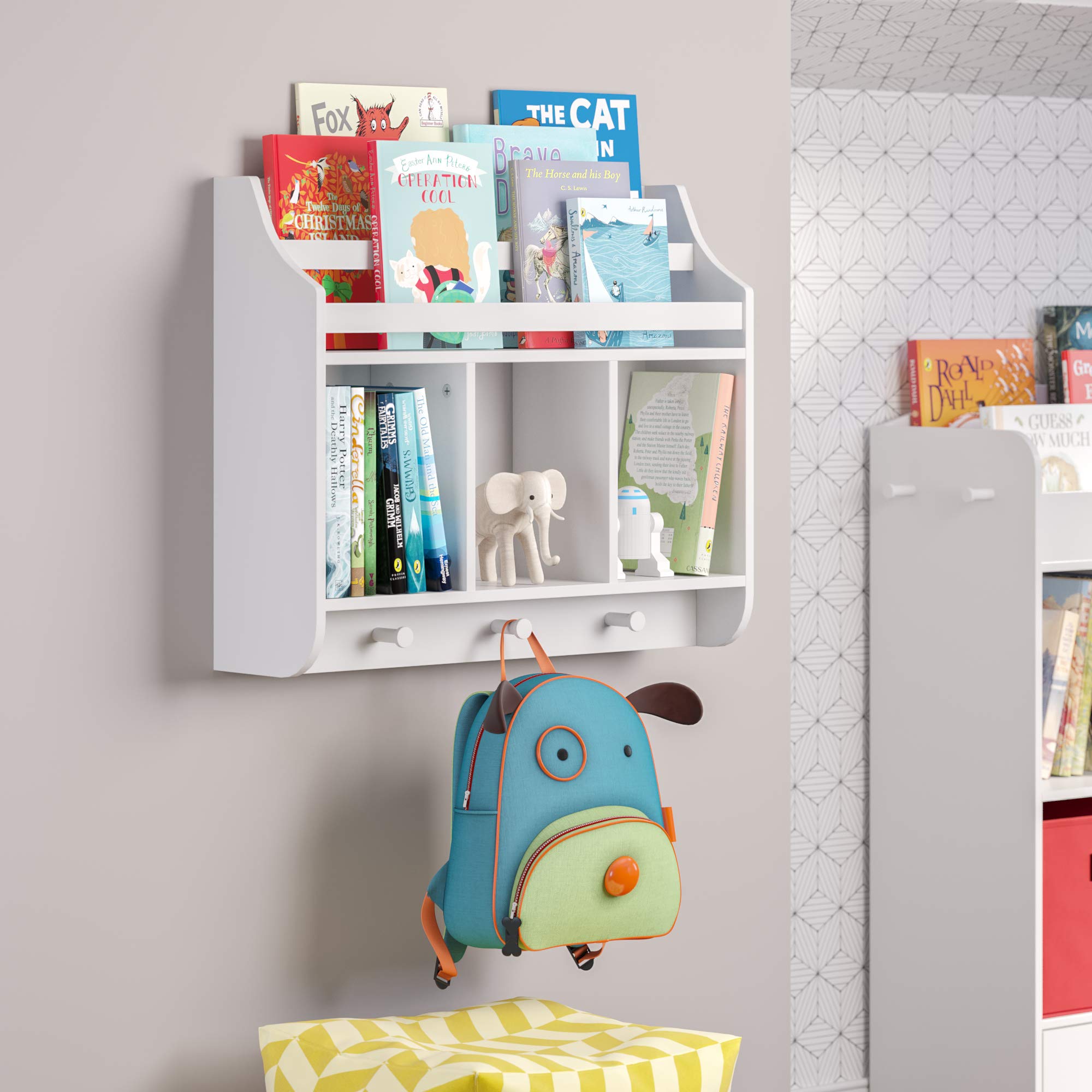 RiverRidge Kids Bookshelf with 3 Cubbies & Hooks - Sturdy Wall-Mounted Book Storage Organizer for Children's Bedroom, Nursery, or Playroom - Perfect for Books, Toys, Games, and Decor Display