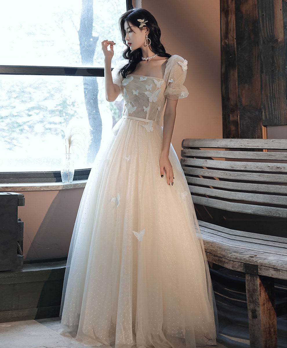 Elegant Light Champagne Tulle Long Prom Dress & Evening Gown for Formal Events, Weddings, and Special Occasions