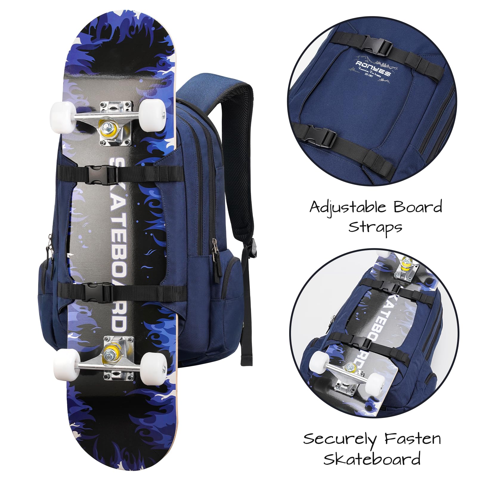 Ronyes Skateboard Backpack - 17.3 Inch Laptop Backpack with USB Charging Port - Waterproof Sports Travel Backpack for Skateboard, Longboard & Basketball - Durable School Backpack for Men & Women (Blue) - Perfect for Commuting, College & Outdoor Adventures