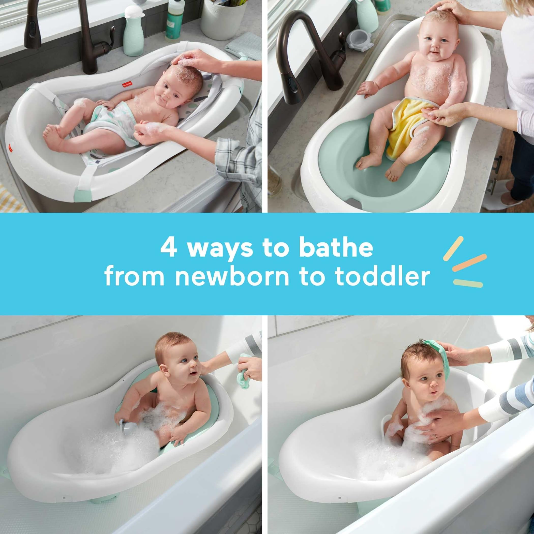 Fisher-Price 4-in-1 Baby to Toddler Bathtub with Removable Sling Seat, Infant Support & 2 Bath Toys - Perfect for Newborns, Infants & Growing Toddlers - Ideal for Safe Bathing, Playtime & Learning Water Confidence