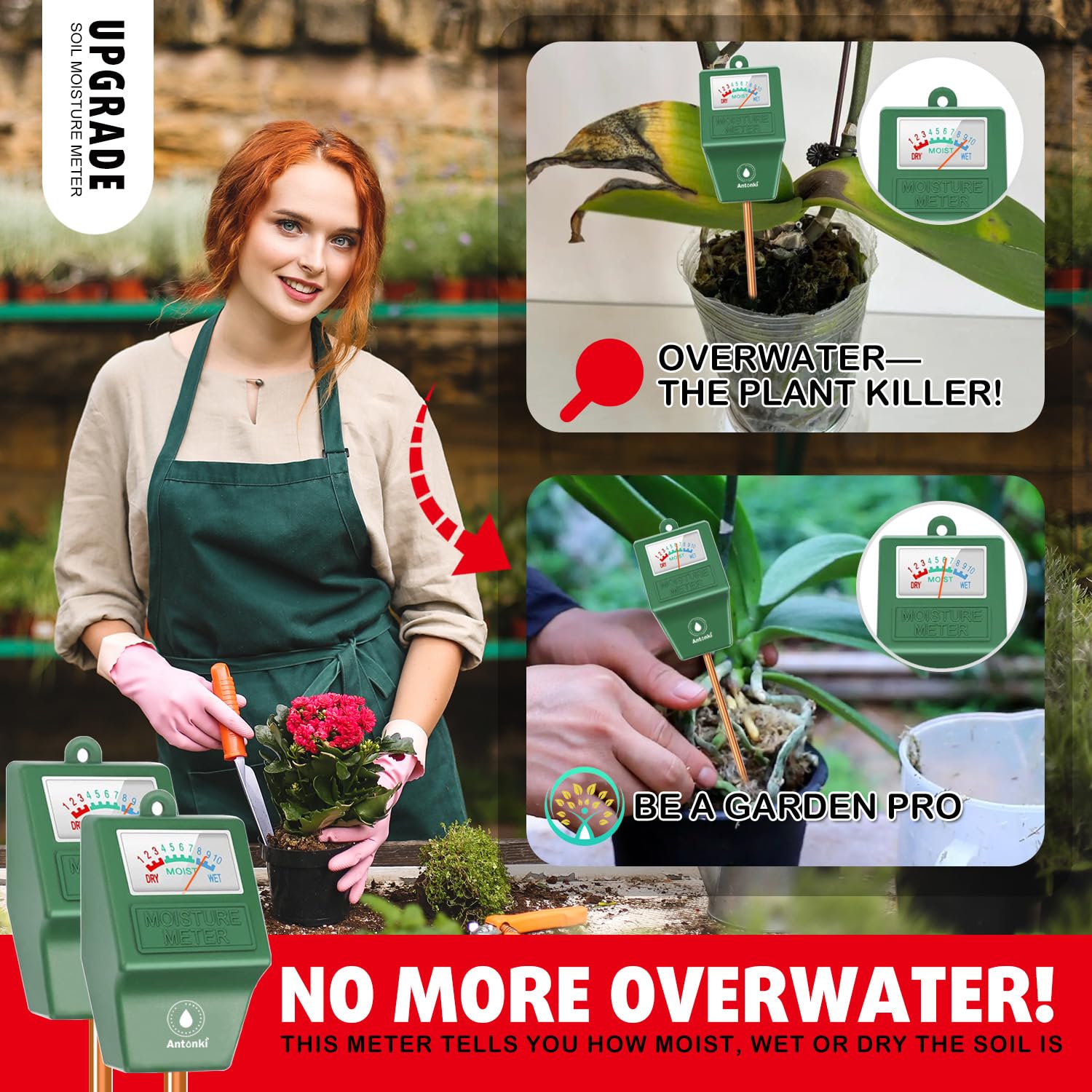Antonki 2 Pack Soil Moisture Meter - Plant Water Tester Hygrometer Sensor for Indoor/Outdoor Potted Plants, Flowers, Gardening & Farming - No Batteries Needed | Perfect for Home Garden, Lawn Care & Greenhouse Monitoring