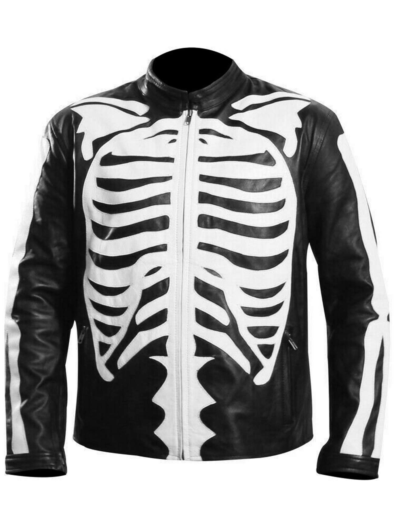 Men's Skeleton Bones Black Leather Jacket - Halloween Cosplay & Cafe Racer Biker Skull Motorcycle Jacket - Perfect for Costume Parties, Bike Rides & Gothic Fashion