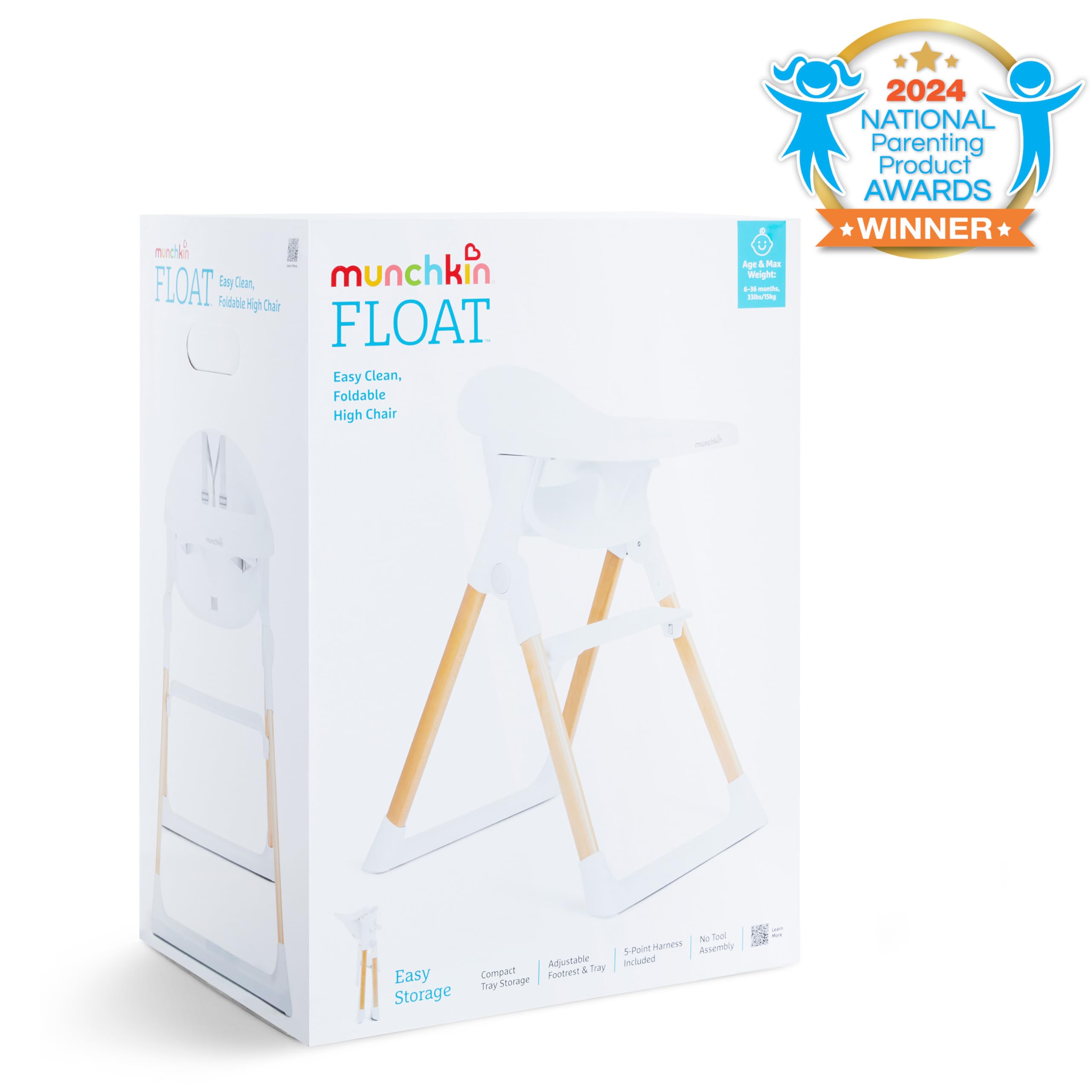 Munchkin Float Baby High Chair - Foldable & Easy Clean Infant Toddler Feeding Seat with Wooden Legs in White - Perfect for Home, Travel & Outdoor Dining